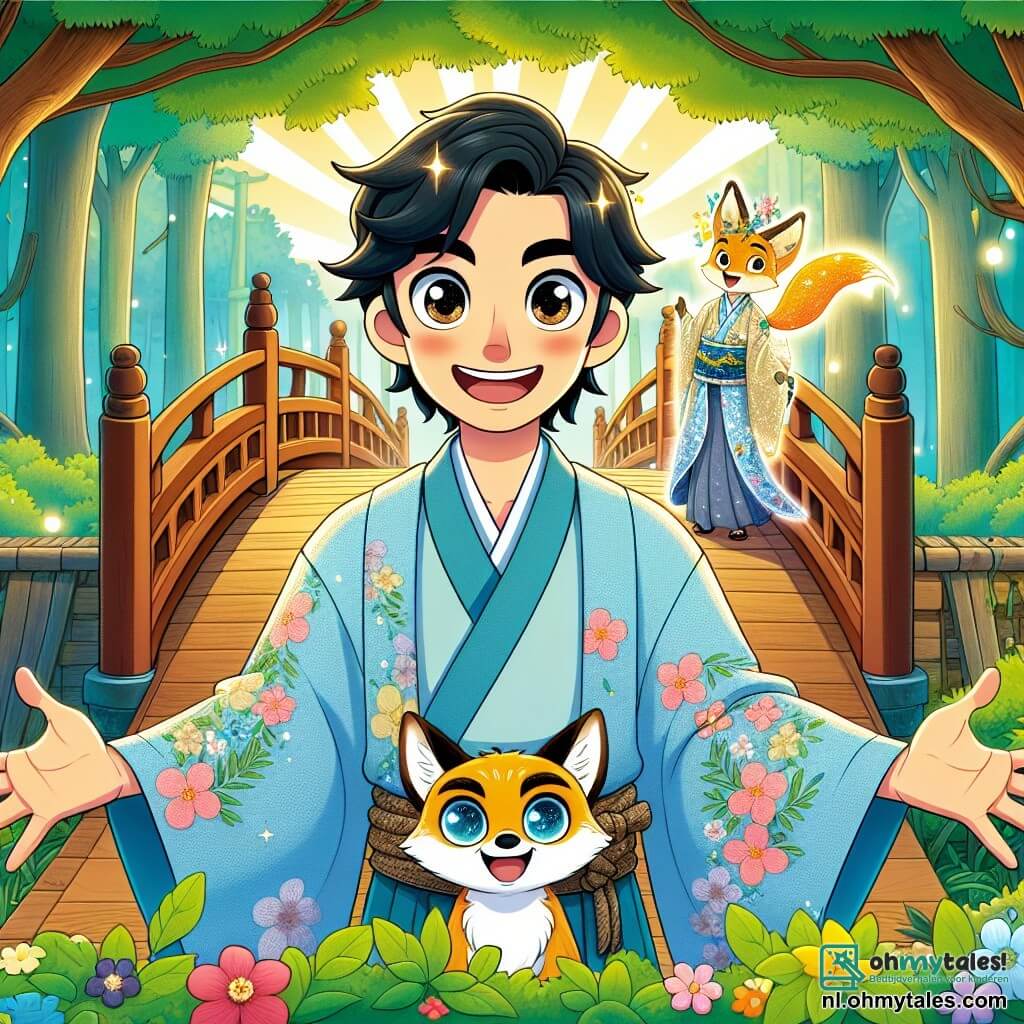 Haruki, een man van in de dertig, heeft een glimlachend gezicht met sprankelende ogen en licht golvend zwart haar. Hij draagt een lichtblauwe traditionele kimono met bloemenmotieven en staat op een oude houten loopbrug met open armen, wat vreugde en verwondering uitdrukt. Naast hem staat een magische vos met glanzende ogen en gouden vacht in een vriendelijke houding, alsof hij een geheim wil delen. De achtergrond is een weelderig Japans bos met majestueuze bomen met heldergroene bladeren, kleurrijke bloemen op de grond en zonnestralen die door het loof filteren, wat een betoverende sfeer creëert. Haruki en de vos staan voor de wijsheid brug, waar ze zich voorbereiden om mysterieuze vragen te beantwoorden en de geheimen van de magische wereld om hen heen te ontdekken.