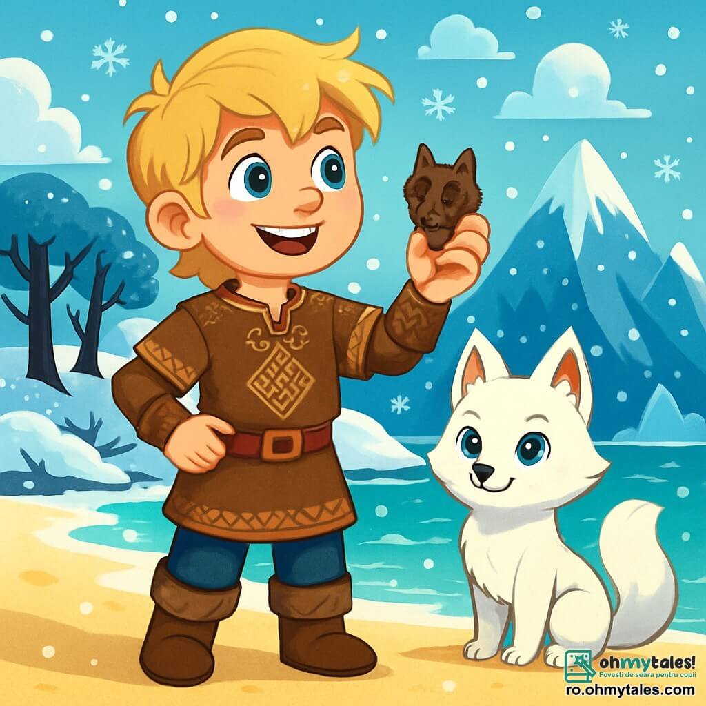 Eirik, un tânăr viking de aproximativ 16 ani, stă pe plaja cu nisip alb, cu fața strălucind de entuziasm și curiozitate. Are părul blond auriu, ochii strălucitori ca stelele și poartă o tunică din piele ornamentată cu motive nordice. Ține în mână o mică amuletă în formă de lup, privind orizontul cu un zâmbet hotărât. Lângă el, o vulpe albă, cu ochi albastri strălucitori, stă mândră, pregătită să-l însoțească în aventură. Peisajul este o insulă misterioasă, acoperită de zăpadă strălucitoare și copaci negri cu ramuri răsucite, sub un cer albastru deschis presărat cu nori pufoși. În fundal, munți măreți se ridică, cu vârfurile acoperite de gheață strălucitoare. Situația principală arată cum Eirik și vulpea se pregătesc să exploreze insula, înconjurați de un peisaj fermecător, în timp ce fulgi de zăpadă cad ușor în jurul lor, creând o atmosferă magică plină de promisiuni de aventură.