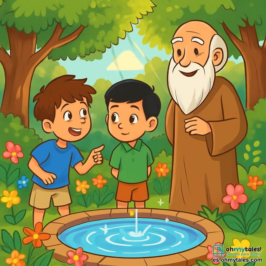 Hay 3 personajes: - Lucas: un niño de 10 años, con cabello castaño desordenado y ojos brillantes de curiosidad. Lleva una camiseta azul y un pantalón corto beige, y está señalando una flor brillante. - Mateo: un niño de 10 años, con cabello negro liso y ojos marrones profundos. Lleva una camisa verde y pantalones cortos, y observa atentamente la fuente de agua que brilla en el centro del jardín. - El Anciano: un hombre mayor, con una larga barba blanca y ojos sabios. Lleva una túnica de color tierra y se encuentra cerca de la fuente, sonriendo amablemente a los dos niños. El lugar es un jardín secreto, lleno de flores coloridas que bailan al viento. En el centro, una fuente de agua clara y brillante refleja el cielo azul, rodeada de árboles majestuosos con troncos gruesos y hojas exuberantes. Los rayos de sol filtran a través de las ramas, creando patrones luminosos en el suelo. La situación principal muestra a Lucas y Mateo, maravillados por la belleza del jardín, mientras el Anciano les explica los misterios de este lugar mágico. Los niños intercambian miradas fascinadas, cautivados por las palabras sabias del Anciano.