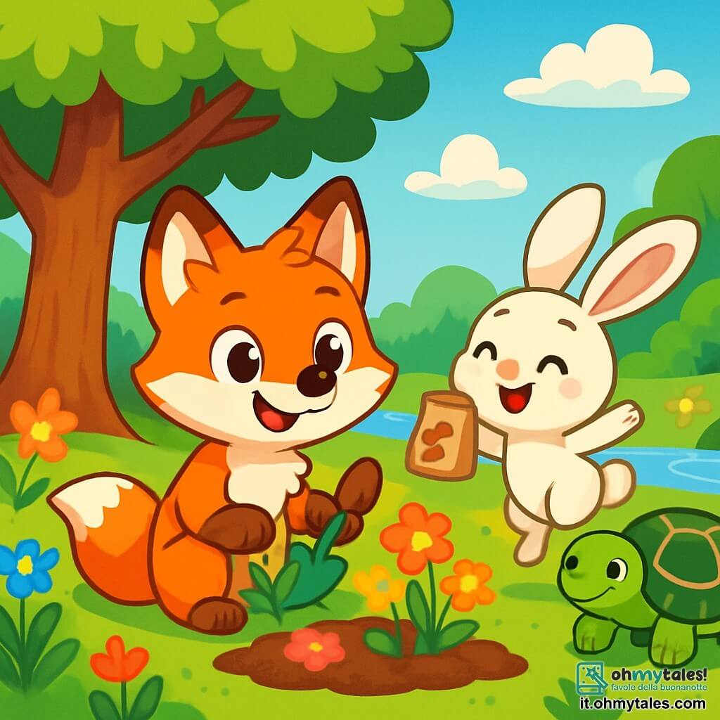Foxy, un piccolo volpe dai brillanti peli rossi e dagli occhi curiosi, è seduto felicemente sotto un grande albero con foglie verdi lucenti, tenendo una piccola pala di legno tra le zampe. Sorride entusiasta, pronto a piantare fiori colorati. Accanto a lui, un adorabile coniglietto dalle grandi orecchie bianche e guance rosa, visibilmente eccitato, salta intorno a Foxy con un sacchetto di semi tra le zampe anteriori. Più lontano, una tartaruga con un guscio verde decorato da motivi dorati avanza lentamente, osservando con uno sguardo saggio e determinato, pronta ad aiutare. La scena si svolge in una splendida riserva naturale, piena di alberi maestosi, fiori dai colori vivaci e un ruscello scintillante che serpeggia nel paesaggio. Il cielo è di un blu intenso, punteggiato da nuvole bianche e soffici. Foxy e i suoi amici stanno piantando fiori insieme, ridendo e cantando, mentre trasformano la riserva in un luogo ancora più bello e accogliente per tutti gli animali.