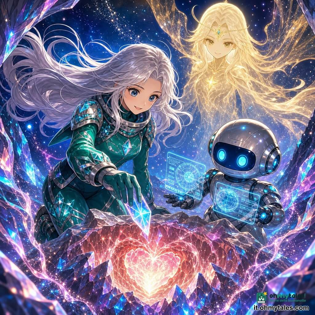 Una donna adulta sorridente e determinata, capelli lunghi argentati che fluttuano come fili di luce, in tuta spaziale verde smeraldo con motivi cristallini, porge la mano per inserire un frammento di cristallo brillante nel nucleo luminescente di una cometa; accanto a lei a destra un androide piccolo e rotondo dal metallo lucido con occhi blu e proiettori olografici attivi mostra dati, mentre sullo sfondo un Guardiano Stellare etereo dalla silhouette dorata e ali vaporose osserva da una nebbia di stelle; l'interno della cometa scintilla con pareti cristalline iridescenti, vene di luce rosa e turchese e polvere d'argento sospesa; al centro la scena è dinamica e magica, scintille colorate e onde di luce dal nucleo.