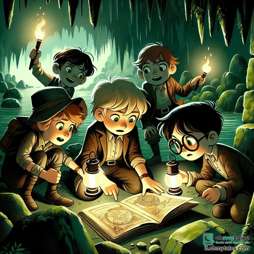 In una grotta misteriosa, quattro piccoli avventurieri si trovano insieme, illuminati dalla luce delle loro torce. Marco, un ragazzo di 11 anni con capelli castani e occhi brillanti, è al centro con un vecchio diario aperto e un sorriso di eccitazione. Alla sua destra, Luca, un ragazzo magro di 11 anni con occhiali spessi, osserva attentamente la mappa che tiene in mano. A sinistra, Tommaso, un ragazzo robusto di 11 anni con capelli neri arruffati, indica un simbolo strano inciso sulla pietra. Infine, Alessio, una ragazza di 11 anni con capelli biondi e occhiali, si china per esaminare un antico disegno sul muro. La grotta è buia e umida, con pareti di pietra coperte di muschio verde e stalattiti che pendono dal soffitto. I ragazzi scoprono un passaggio segreto dopo aver risolto un enigma, i loro occhi brillano di meraviglia mentre si preparano a entrare in una sala nascosta piena di tesori scintillanti.