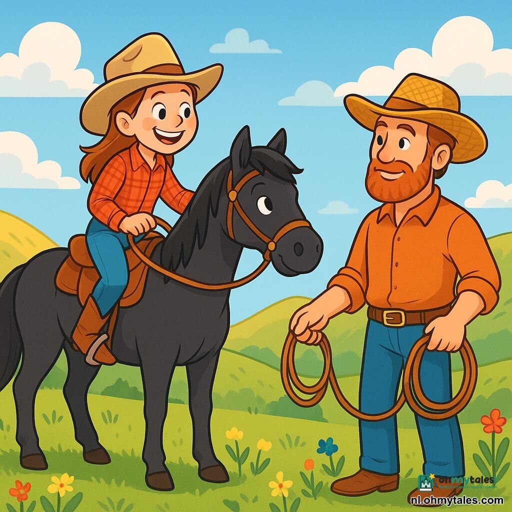 June, een jonge cowgirl van ongeveer 10 jaar, zit op haar zwarte paard genaamd Storm. Ze draagt een beige cowboyhoed, een rood geruit shirt en blauwe jeans. Haar gezicht straalt met een grote glimlach, die haar vastberadenheid en vreugde toont. Naast haar staat Hank, een man van ongeveer 40 jaar met een rode baard en een strohoed, die met een hand een lasso vasthoudt en June bewonderend aankijkt. Ze bevinden zich op een groene prairie, omringd door gouden heuvels onder een heldere blauwe lucht met witte wolken. De scène toont June die haar hand uitsteekt naar een muilezel genaamd Pete, die een mooi leren zadel draagt, terwijl kleurrijke wilde bloemen in de wind om hen heen dansen.