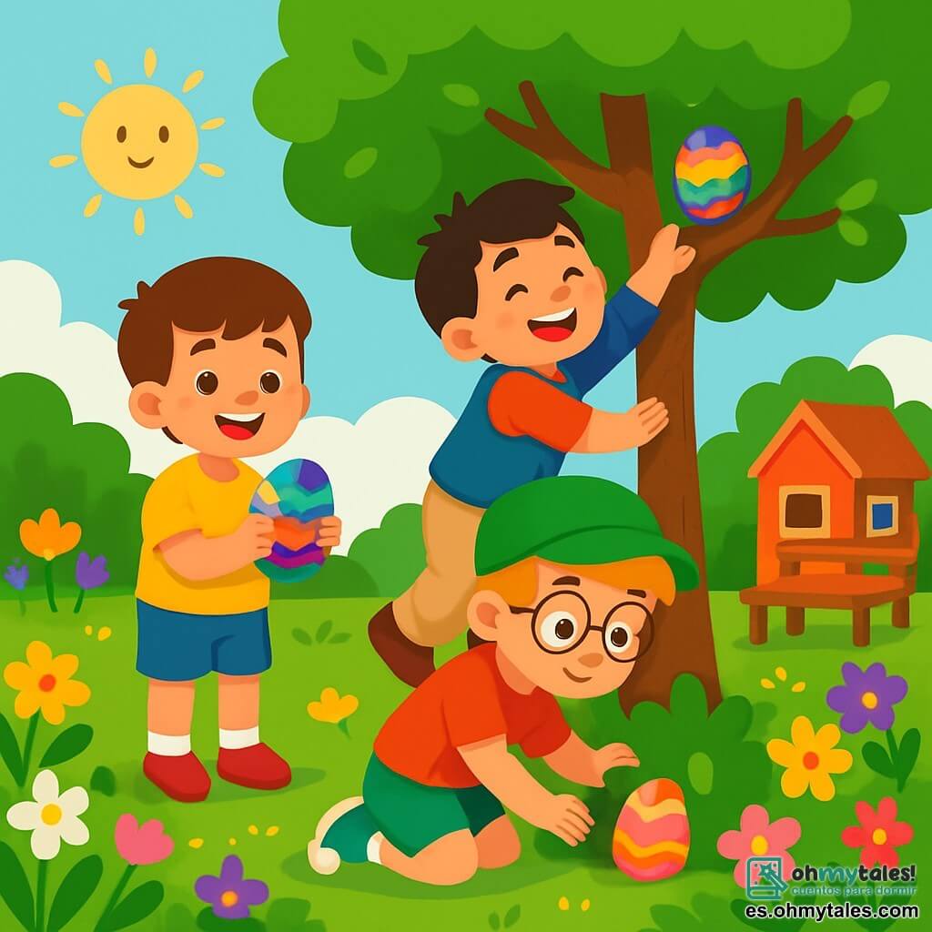 Hay 3 personajes: - Lucas: un niño de 7 años, con cabello castaño y ojos brillantes. Lleva una camiseta amarilla y un short azul. Está de pie, sonriendo, sosteniendo un huevo de Pascua brillante en sus manos. - Tomás: un niño de 6 años, con cabello rubio y gafas redondas. Lleva una gorra verde y una camiseta roja. Está agachado, buscando un huevo detrás de un arbusto florecido. - Pablo: un niño de 7 años, con cabello negro y una gran sonrisa. Lleva un chaleco azul y pantalones beige. Está subiendo sobre las rodillas de Tomás para alcanzar un huevo colorido en una rama baja. El lugar es un jardín soleado, lleno de flores brillantes de todos los colores: rosas, amarillas, violetas y blancas. Hay un gran árbol en el centro, con ramas cargadas de hojas verdes. El césped está bien cuidado y se ve una pequeña casa de muñecas al lado de un banco de madera. La situación principal muestra a los tres amigos en plena búsqueda de huevos de Pascua, riendo y ayudándose mutuamente para alcanzar un huevo brillante en una rama. Los huevos coloridos están esparcidos alrededor de ellos, añadiendo un toque festivo a la escena alegre.