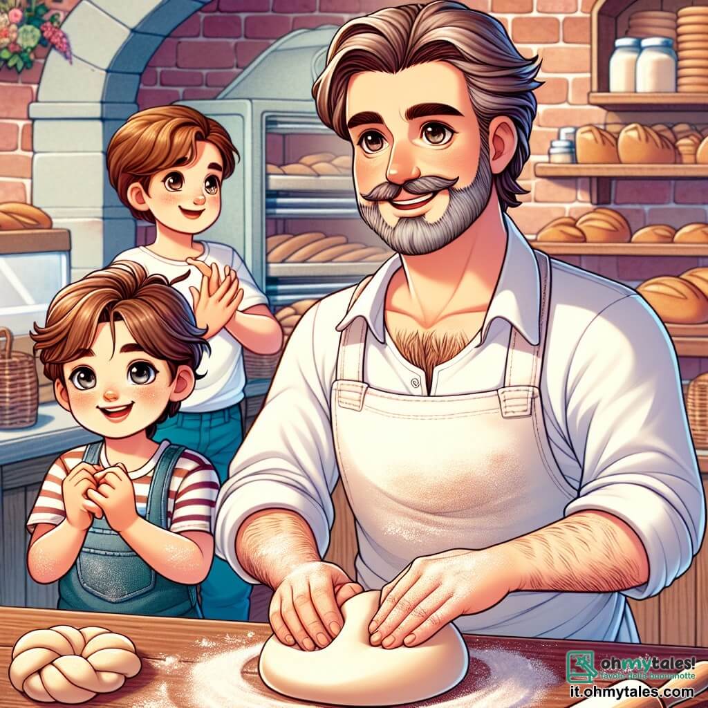 Il personaggio principale è un uomo di nome Lorenzo, un panettiere di mezza età con capelli castani leggermente brizzolati e una barba ben curata. Indossa un grembiule bianco macchiato di farina e un grande sorriso caldo sul volto, che mostra la sua passione per il suo mestiere. Lorenzo sta impastando una palla di pasta su un tavolo di legno, con le mani piene di farina, mentre guarda con orgoglio le sue creazioni. Accanto a lui, Marco, un ragazzo di 8 anni con capelli biondi disordinati, osserva attentamente. Indossa una maglietta a righe e un paio di jeans, con gli occhi brillanti di eccitazione mentre tiene un piccolo pezzo di pasta tra le mani. Sofia, una ragazza di 7 anni con lunghi capelli castani intrecciati, sta modellando un panino a forma di cuore, con un grande sorriso sul volto, piena di gioia e concentrazione. La scena si svolge in una deliziosa panetteria italiana, con muri di mattoni rossi e scaffali di legno pieni di pani dorati e pasticceria colorata. La luce del mattino filtra attraverso le finestre, illuminando la stanza con una dolce luminosità, mentre un profumo delizioso di pane fresco riempie l'aria. La situazione principale mostra Lorenzo che insegna ai bambini come preparare il pane, con le mani piene di farina, mentre ridono e si divertono imparando i segreti della panetteria, creando così ricordi indimenticabili.