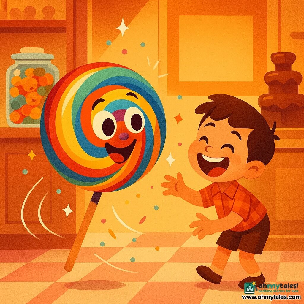 A large shiny round rainbow lollipop (main character), striped in bright colors, wearing a funny smiling face with big round eyes, slightly tilted as it rolls and bounces with motion lines and stars showing it’s ticklish and joyful; a small boy of about five (secondary character) with short brown hair, a plaid shirt and shorts laughs with mouth open and eyes squinted, leaning forward and reaching to catch the lollipop. On a left shelf a jar of colorful gummy bears watches with smiling faces and rosy cheeks as if applauding; they sit in the background but are visible. The candy shop is bright with glossy textures—varnished wooden shelves, clear glass jars of round sweets, a smooth chocolate fountain in the back and a pink-and-white checkerboard floor. The main action is the lollipop hopping along a winding path through the shop surrounded by confetti and sparkles and the boy ready to grab it; the mood is soft, colorful and full of childlike motion. Art deco style, saturated yet gentle colors, clean lines, rounded shapes, warm lighting and soft shadows.