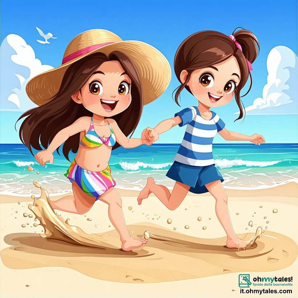 Una bambina di 6 anni, con lunghi capelli castani e occhi brillanti di gioia, indossa un costume da bagno colorato e un cappello da sole. Ride di gusto mentre corre sulla spiaggia, i piedi nudi che si affondano nella sabbia dorata. Accanto a lei, sua sorella maggiore Chiara, di 8 anni, ha i capelli legati in una coda di cavallo e indossa una maglietta a righe. La aiuta a costruire un castello di sabbia, sorridente e concentrata, con un secchiello e una paletta in mano. Lo scenario è una spiaggia soleggiata, con onde turchesi che si infrangono dolcemente sulla riva, ombrelloni colorati e conchiglie sparse sulla sabbia. Sullo sfondo, bambini giocano con aquiloni che volano in alto nel cielo blu. La scena principale mostra Sara e Chiara mentre costruiscono un magnifico castello di sabbia, circondate da secchi e palette, mentre il sole splende e l'aria è piena di risate e gioia estiva.