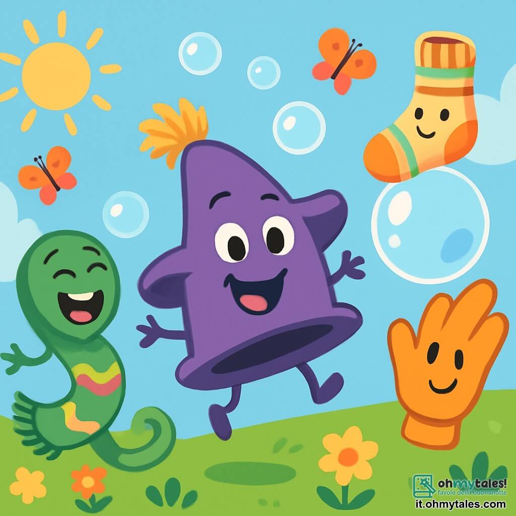 Un cappello magico viola, chiamato Pillo, con un pompon scompigliato, salta felicemente in un campo verde, con gli occhi brillanti di determinazione e un grande sorriso. Accanto a lui, una sciarpa verde e lunga, Gorgò, si contorce d'eccitazione, ridendo di cuore. Un calzino timido, Muffù, con strisce colorate e un sorriso malizioso, è appollaiato su una bolla gigante, pronto a saltare, mentre un vecchio guanto, Pizzicò, osserva la scena con un sorriso divertito. Il paesaggio è un campo soleggiato, pieno di fiori e bolle di sapone, dove farfalle di zucchero volano intorno, creando un'atmosfera magica. Pillo cerca di volare, ma fa scoppiare bolle profumate che rilasciano un dolce profumo di biscotti, provocando risate tra i suoi amici.