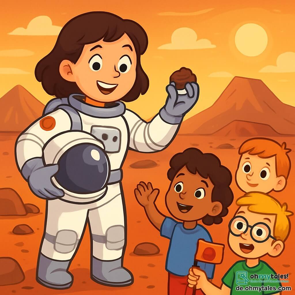 Eine Astronautin, Lena, mit einem breiten Lächeln und funkelnden Augen, trägt einen weißen und silbernen Raumanzug und hält einen glänzenden Helm unter dem Arm. Sie steht auf dem rötlichen Boden des Mars, umgeben von Steinen und Staub, während sie ein Bodenprobe in der Hand hält. In der Nähe schaut eine Gruppe von Kindern im Alter von etwa 8 bis 10 Jahren staunend zu. Mia, ein kleines Mädchen mit lockigen braunen Haaren, trägt ein blaues T-Shirt und winkt Lena zu. Tom, ein Junge mit Brille und blonden Haaren, hält eine kleine Mars-Flagge und lächelt bewundernd. Die marsianische Landschaft ist spektakulär, mit einem orangefarbenen Himmel und fernen Bergen unter einer strahlenden Sonne. Leichte Wolken schweben über ihnen, und Krater sind am Horizont sichtbar. Die Hauptsituation zeigt Lena, voller Freude und Begeisterung, die den Mars entdeckt und ihr Abenteuer mit den Kindern teilt, die sie mit weit aufgerissenen Augen beobachten und von Reisen ins All träumen.