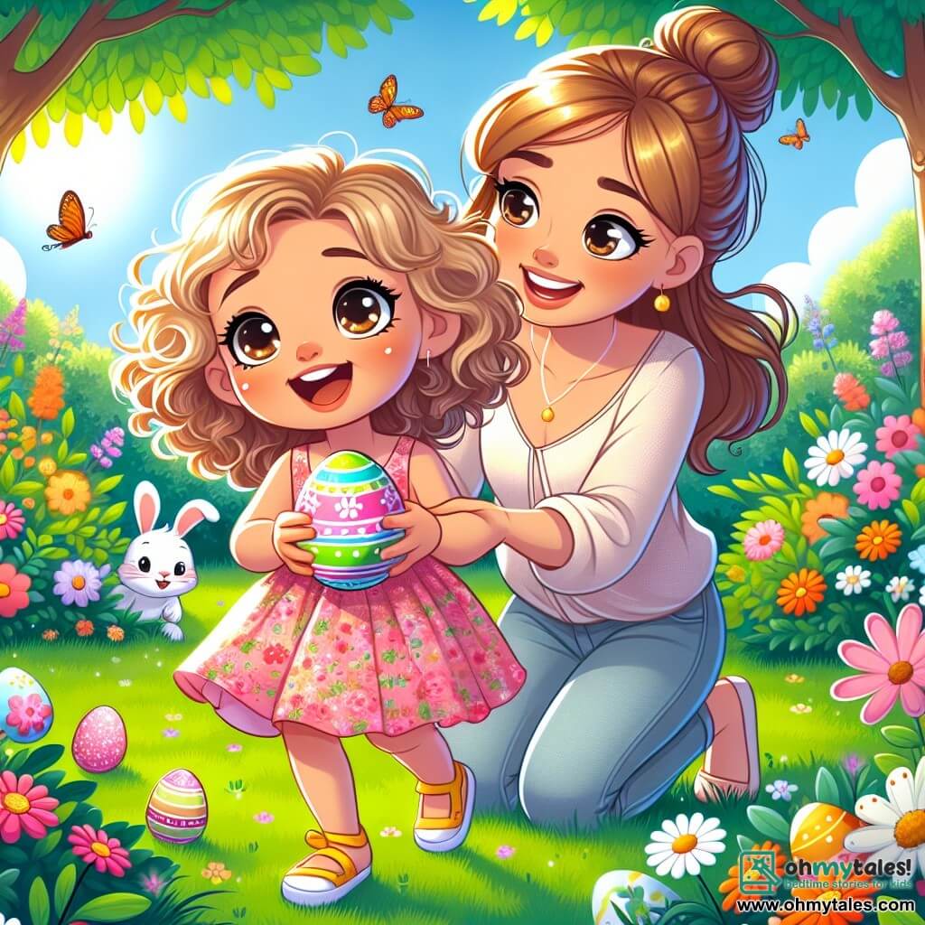 A 2-year-old girl named Lily, with big bright eyes and curly blonde hair, smiles in wonder while holding a colorful Easter egg in her small hands. She wears a pink floral dress and yellow sandals, standing in the middle of a sunny garden. Next to her, her mom, a woman in her thirties with brown hair in a bun, smiles tenderly while searching for more hidden eggs in the bushes. She wears a light blouse and jeans, leaning slightly to help her daughter. The garden is filled with vibrant flowers of all colors, with butterflies flying around and a large tree in the background providing shade. The grass is green and fresh, dotted with shiny Easter eggs hidden here and there. Lily and her mom are in the midst of an egg hunt, with Lily exclaiming joyfully as she discovers a sparkling egg behind a bush, while a small white rabbit watches them with a smile, adding a magical touch to this festive scene.