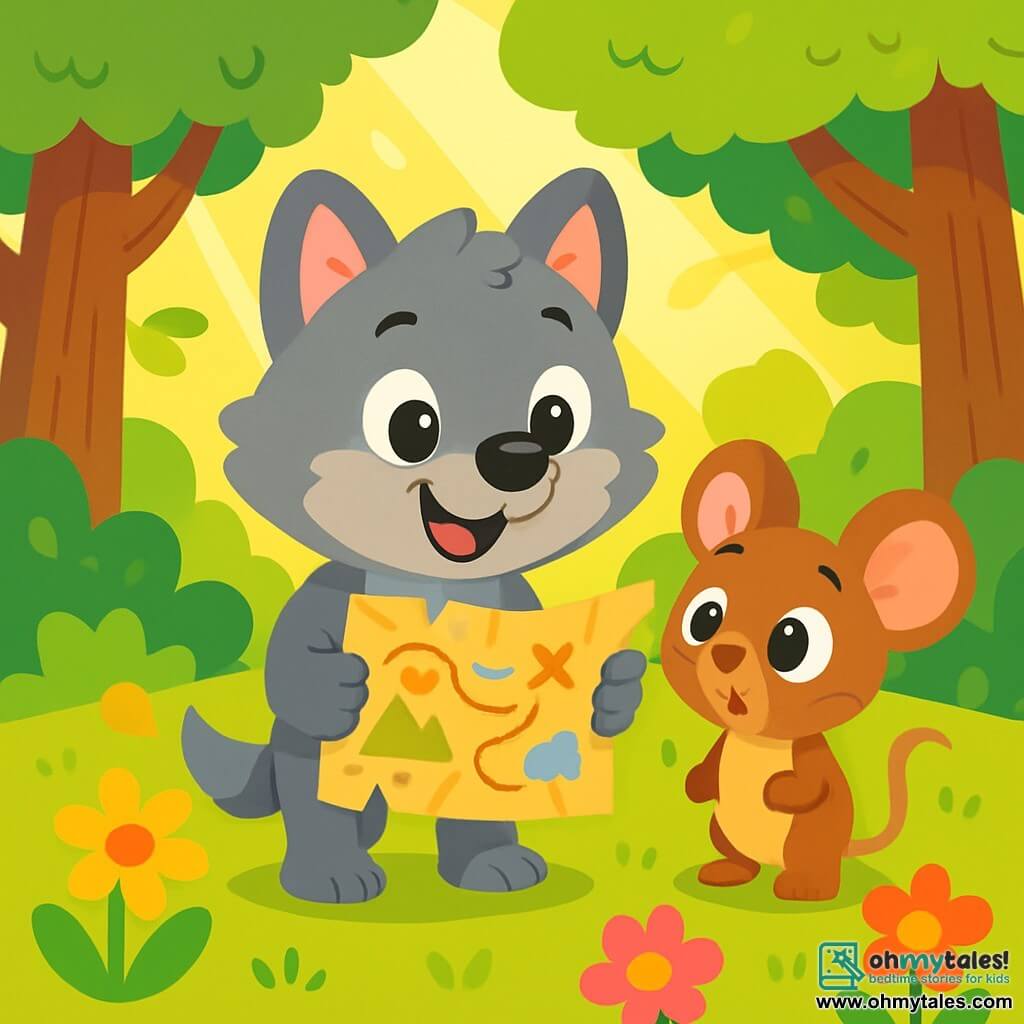 Little Wolf, a small wolf with soft gray fur and sparkling curious eyes, holds an old treasure map in his front paws, wearing an excited big smile on his face. Next to him, Squeaky, a little mouse with brown fur and large ears, looks at the map with wide eyes, displaying a look of wonder. They are in a sunny clearing surrounded by colorful flowers with bright petals and tall trees with sturdy trunks, with rays of sunlight dancing on the ground. Little Wolf and Squeaky are ready to embark on an adventure, eagerly studying the map while the wind gently rustles the leaves around them.