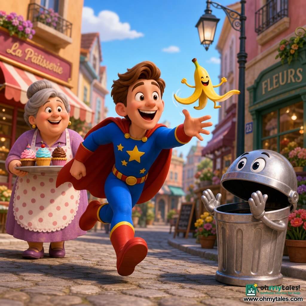 A young, joyful man with a red flowing cape, short brown hair and twinkling eyes wearing a bright blue suit with yellow stars runs forward reaching to catch a small dancing banana peel; behind him to the left stands a friendly, plump woman of about 50 with gray hair in a bun, wearing a polka-dot apron and balancing a tray of cupcakes, amused; to the right on the sidewalk is a shiny rounded talking trash can with a big smiling lid and drawn-on eyes, slightly open as if applauding; the scene is a colorful city street with a cobbled sidewalk, pastel shopfronts, a vintage lamppost, potted flowers and a light blue sky; main situation: the hero grabs the airborne dancing banana peel in a dynamic, exaggerated comic moment with a warm, reassuring atmosphere.