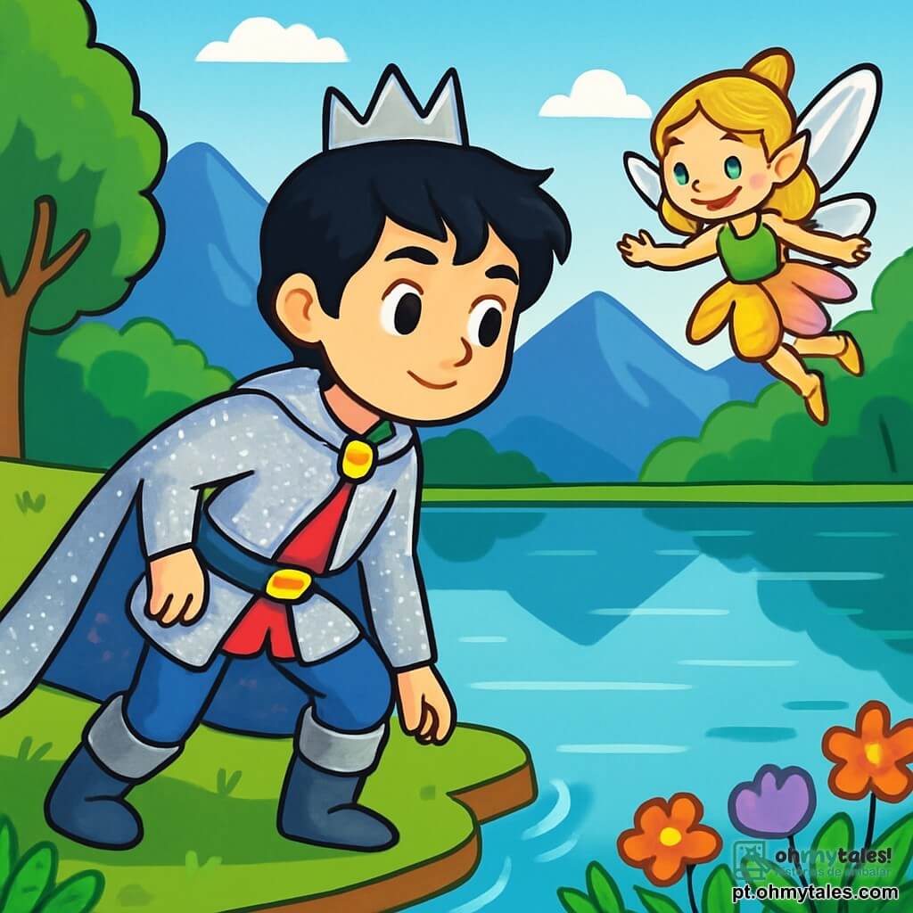 Um príncipe chamado Lian, com cerca de 12 anos, está à beira do misterioso Lago dos Espelhos. Ele tem cabelos negros como ébano, olhos brilhantes como estrelas e usa um manto prateado que brilha ao sol. Seu rosto expressa determinação e admiração enquanto observa as águas calmas do lago, em busca de respostas. Ao seu lado, uma pequena fada de asas translúcidas, com cerca de 8 anos, flutua no ar. Ela tem cabelos dourados e veste um vestido feito de pétalas de flores coloridas. Ela sorri, incentivando o príncipe em sua busca. Ao fundo, o lago é cercado por montanhas majestosas, com árvores de folhas verdes vibrantes e flores multicoloridas que parecem ter perdido seu brilho. A cena principal mostra o príncipe Lian se preparando para mergulhar no lago, pronto para descobrir a magia que devolverá as cores ao reino.