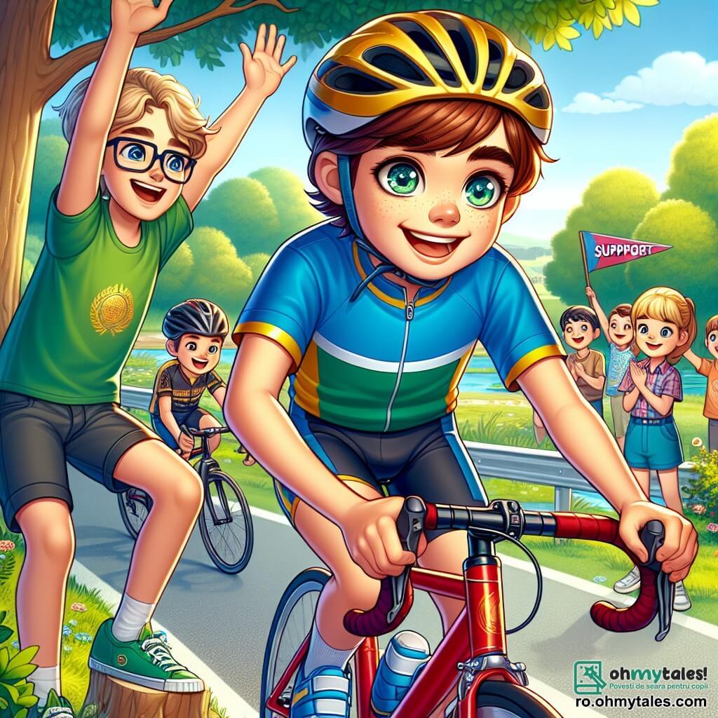 În prim-plan, un băiat de 12 ani, Andrei, cu părul șaten și ochii strălucitori, zâmbește entuziast în timp ce pedalează cu viteză pe bicicleta lui roșie, cu brațele întinse și fața radiantă de bucurie. Poartă un tricou de ciclism albastru și o cască galbenă, simbolizând spiritul său competitiv și pasiunea pentru ciclism. Lângă el, un alt băiat de 12 ani, Mihai, cu părul negru și ochelari, îl încurajează ridicând brațele, afișând un zâmbet larg. Poartă un tricou verde și pantaloni scurți, stând pe marginea drumului, gata să aplaude prietenul său. În fundal, o fată de 11 ani, Ana, cu părul blond și o coadă de cal, observă cu admirație, ținând un panou de susținere. Poartă o rochie colorată și stă lângă un copac, adăugând o notă de prospețime scenei. Locul este un parc verde, plin de copaci majestuoși și flori colorate, cu un drum de pământ bătut care se șerpuiește prin el. Cerul este de un albastru strălucitor, presărat cu câteva nori albi, creând o atmosferă veselă și dinamică. Situația principală o arată pe Andrei în plină cursă, hotărât să câștige competiția de ciclism, în timp ce prietenii săi îl încurajează cu entuziasm, ilustrând spiritul de echipă și camaraderia care îl înconjoară.