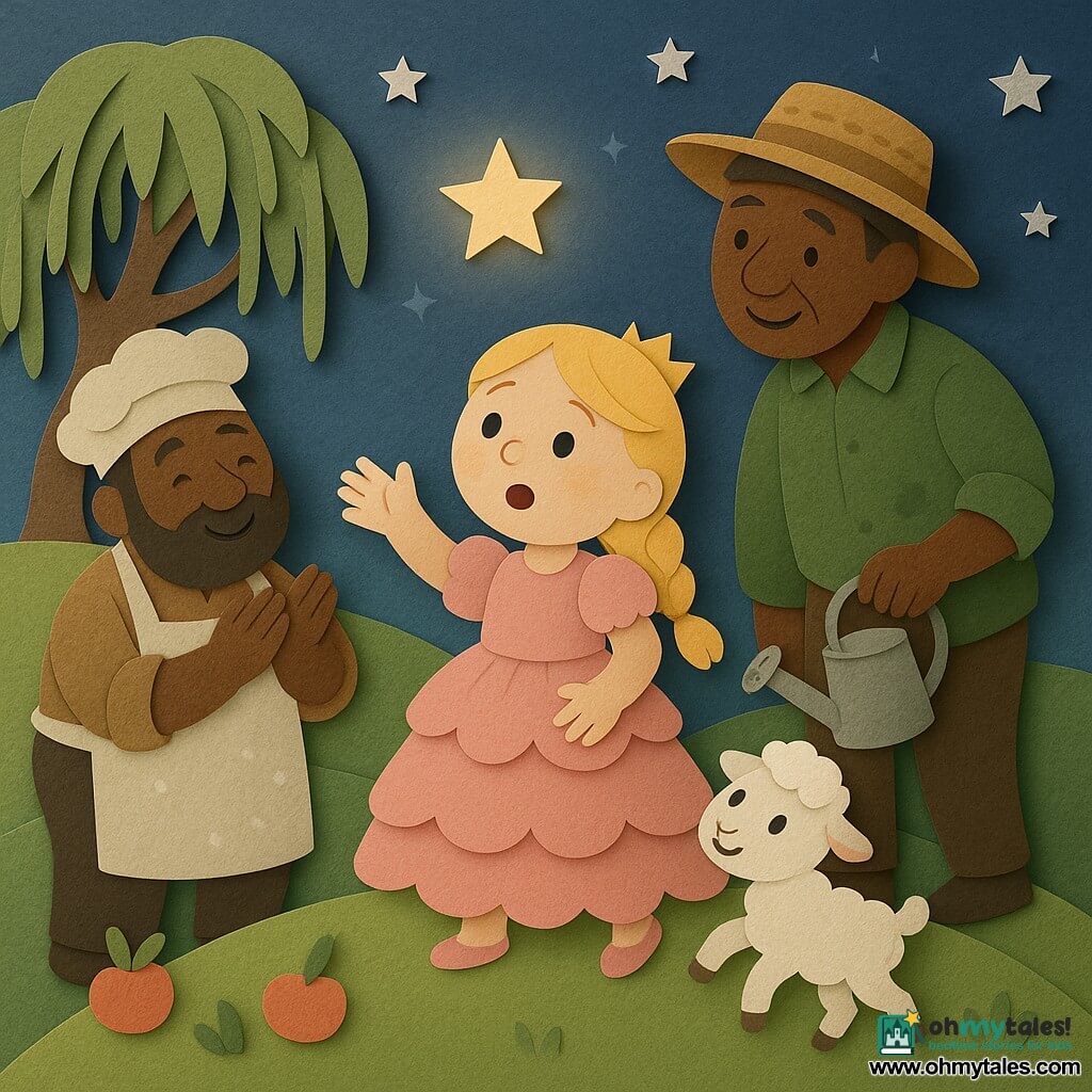 The princess is at the center, round smiling face, blonde braid, pink ruffled dress, amazed gaze and open palm releasing a tiny glowing star into the sky; a bearded baker (about 40) stands at the left foot of the hill in a floury apron, gently clapping; a gardener (about 50) to the right of the baker wears a straw hat and a dirt-stained green shirt, holding a small watering can and leaning toward the princess; a small white lamb with round eyes dances at her feet; a gentle grassy hill with a weeping willow at left and stylized apples on the ground, under a deep blue night sky with silver paper stars; the scene is tender and luminous, with pastel contrasts, paper-like textures, simple composition, and comforting emotions.