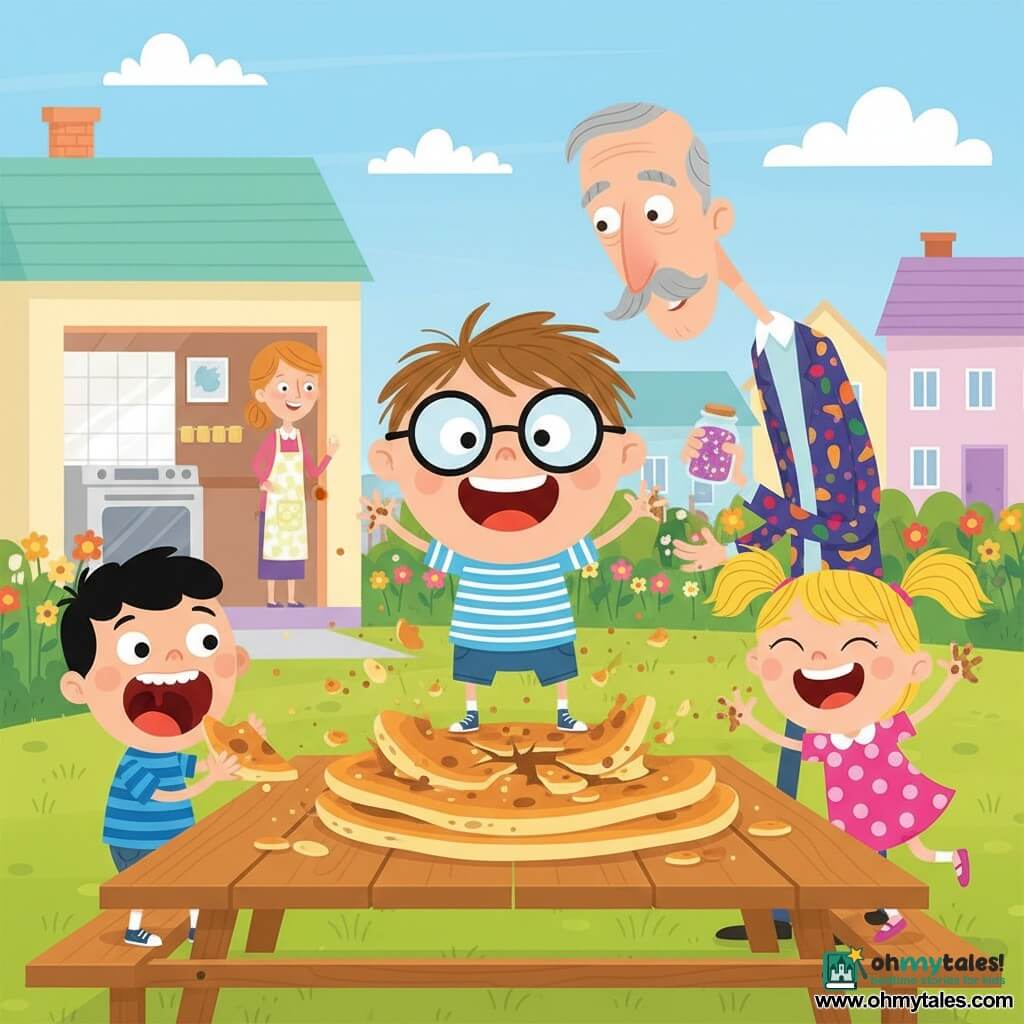A sunny suburban garden scene: a round-faced 6-year-old boy with messy brown hair and large round glasses stands on tiptoe protecting a huge pancake-cookie on a wooden picnic table, a 6-year-old girl (Lily) with blonde pigtails and a pink polka-dot dress laughs and dances to the right with crumb-filled hands, a 6-year-old boy (Max) with short black hair and a blue striped T-shirt opens his mouth wide like a greedy monster holding a big cookie piece to the left, a tall thin neighbor Mr. Wobblebottom (about 60) with a gray mustache and colorful jacket leans in from behind holding a small jar of magic glitter, the mother (about 30) with tied-up hair and apron smiles near the oven at the kitchen entrance overlooking the garden, the giant cookie-pancake is smashed on the table with flying pieces and crumbs as everyone joyfully shares; bright, contrasting palette, simple shapes, clean outlines, flat textures and minimal shadows, playful cheerful atmosphere.