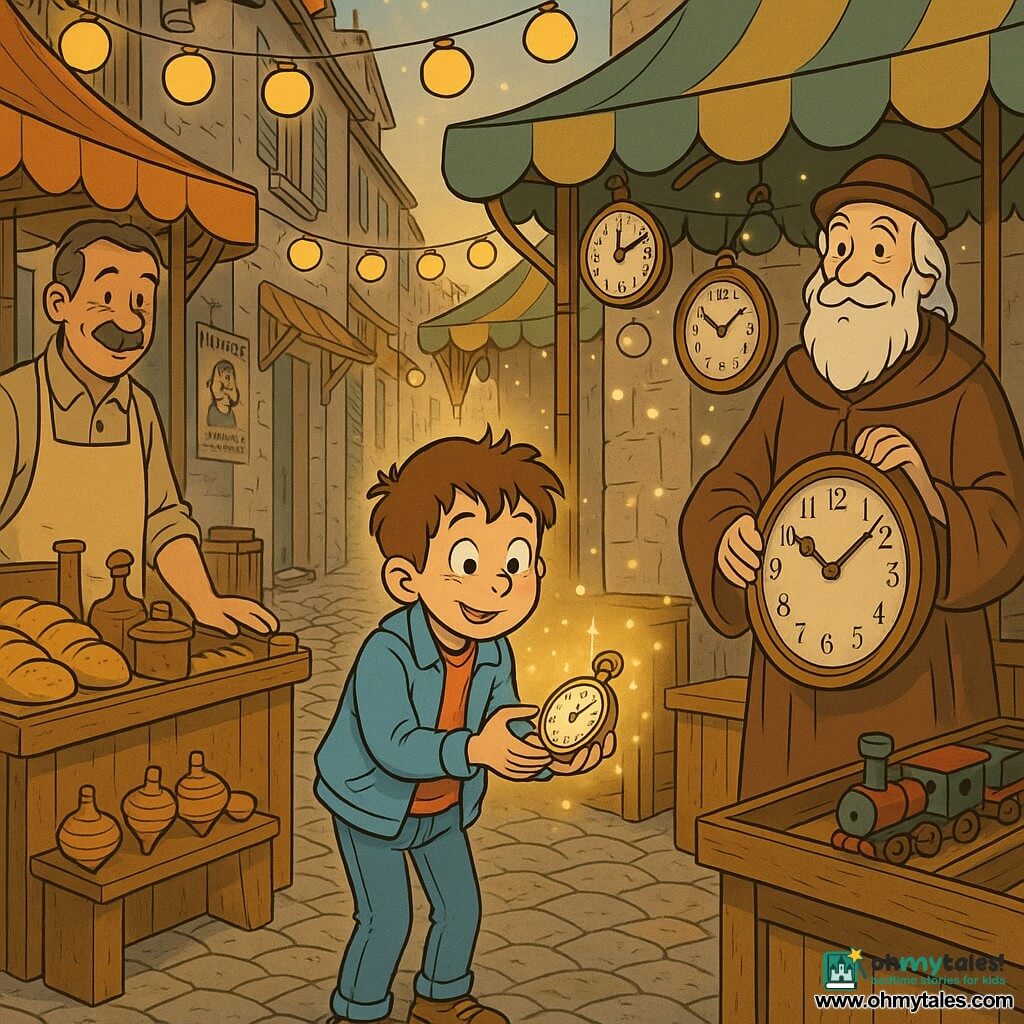 An enthusiastic, wide‑eyed 8‑year‑old boy in a sky‑blue jacket and jeans holds a shiny pocket watch, slightly leaning forward as if he just activated it; to his right stands the Timekeeper, a gentle ~70‑year‑old man with a long white beard and brown robe holding a large wooden clock, and to his left a kindly ~60‑year‑old moustached toy seller in a beige smock stands behind a wooden stall of tops and miniature trains; they are in an old paved market with narrow alleys, colorful wooden stalls, yellow lantern garlands, golden loaves, carved wooden boxes and faded posters in warm late‑afternoon light, while the boy is inside a small tent surrounded by hanging clocks with slowly turning hands and glowing dust motes, creating a magical yet cozy atmosphere.