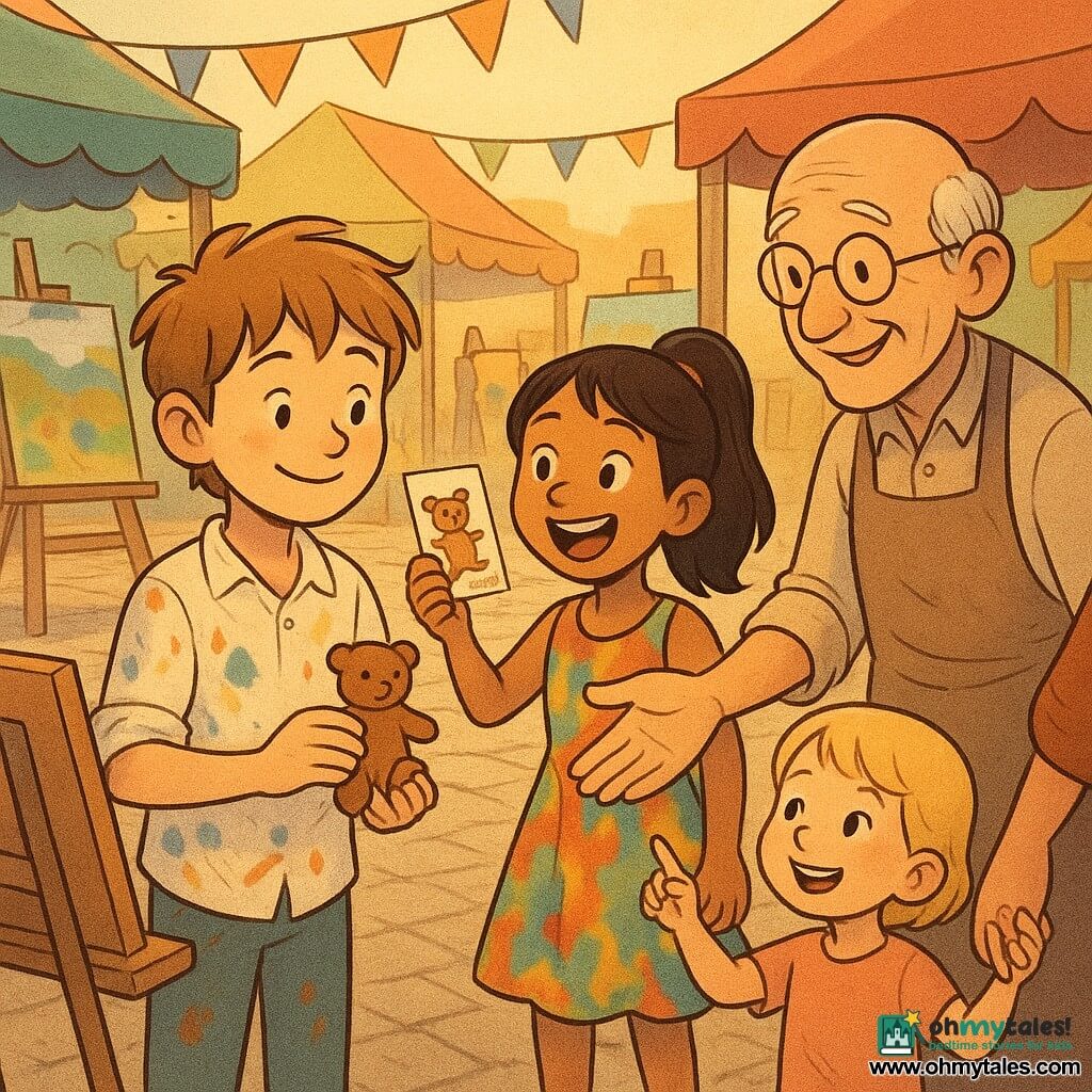 A young man named Leo, with messy light-brown hair and a paint-stained rolled-up-sleeve shirt, is joyful and slightly shy, smiling while holding a small clay bear in his right hand; beside him stands Mia, about nine, with a black ponytail and a colorful dress, excitedly waving an illustrated flyer; Mr. Jasper, around sixty with a wrinkled face, round glasses and a potter's apron, offers the clay bear from slightly behind and to Leo's right; a little blonde girl of about five, holding her mother's hand off-frame, points at the painting in wonder and smiles in front of Leo; the scene is a sunlit cobblestone village square at sunset with colorful tents, easels, bunting and stalls of vivid paints (emerald green, azure blue, mustard yellow); main situation: Leo shares his paintings on a wooden easel, surrounded by curious onlookers and friends, in a warm, convivial, creative moment as he receives the small bear gift, with gentle expressions and warm colors.