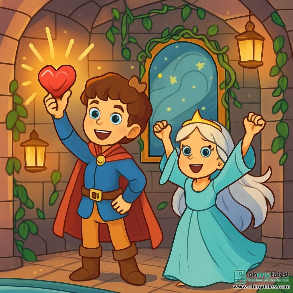 A 12-year-old prince stands by a shimmering pond, holding a bright Heartstone in his hand. He has curly brown hair, sparkling determined eyes, and a proud beaming smile. Beside him, an 11-year-old princess with long silver hair and star-bright eyes raises her arms in joy, her clothes floating around her like clouds of silk. The setting is a secret chamber in an ancient castle, with stone walls adorned with green vines and floating lanterns casting a soft golden light. In the center, a large mirror framed with sparkling vines reflects the magic of the moment. The main scene shows the prince and princess celebrating her liberation, surrounded by an aura of magical light, with bursts of joy and adventure in the air, symbolizing their friendship and courage.