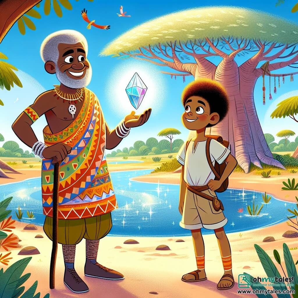 In the center of the image, the main character, Chief Kofi, is a middle-aged man with a broad smile and wise, bright eyes. He wears a colorful tunic adorned with African patterns and holds the sparkling "Stone of Harmony," which emits a soft glow. His expression is determined and full of hope as he stands by the river. Next to him, Kwame, a robust and brave young man of about 20, has curly hair and wears lightweight shorts. He looks at Chief Kofi with admiration, ready to assist him in their quest. In the background, a majestic Baobab tree stands with its branches spread wide like welcoming arms, surrounded by lush greenery. The river sparkles under the sun, and colorful birds fly in the blue sky. The scene depicts Chief Kofi and Kwame standing by the river, ready to restore harmony between the river spirits and the trees, with the Stone of Harmony lighting their path.