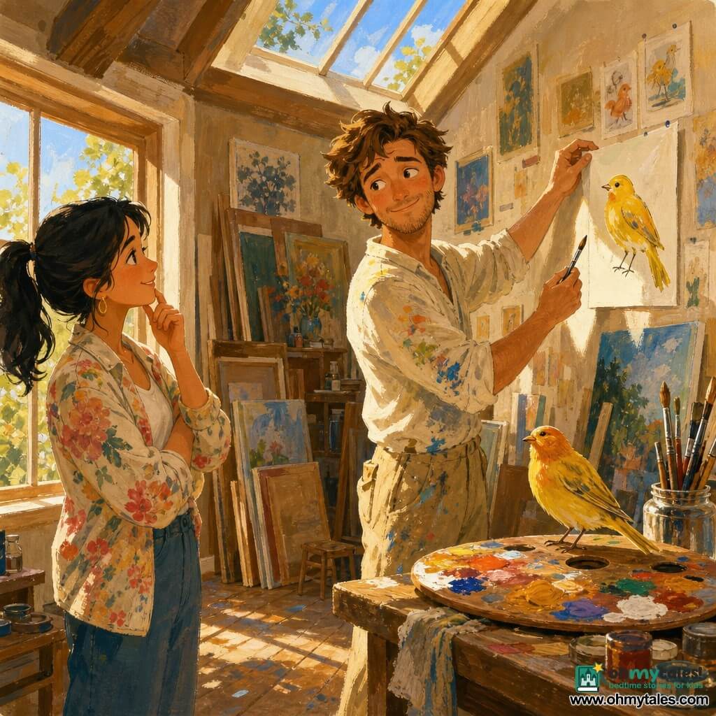 A thirty-something male artist with tousled brown hair, a paint-spattered shirt and canvas trousers smiles shyly with dreamy eyes while holding a wet brush as he hangs his drawing of a yellow bird near the window; Mia, about 28, with black hair in a ponytail and a light floral jacket, stands by the left window with a kind look and thumb on her chin; a small real bird with bright yellow and orange feathers perches on a wooden palette to the right of the worktable; the bright studio has a large skylight casting a golden ray, walls covered in sketches and stacked canvases, glass jars of brushes and paint-splattered wooden floors, creating a warm, tender, encouraging atmosphere.