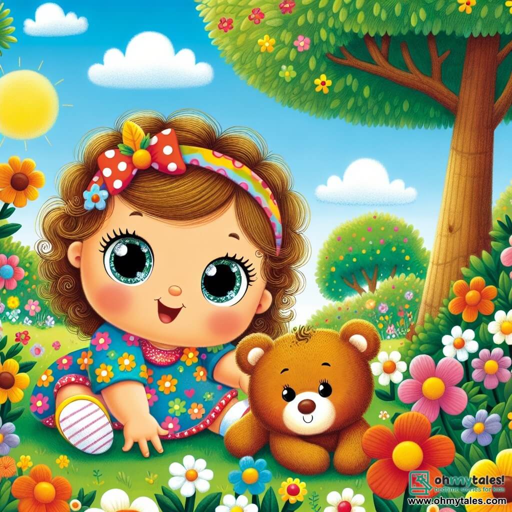A one-year-old girl with big bright eyes and curly hair is sitting in a sunny garden, smiling and full of enthusiasm. She is wearing a colorful floral dress and holding a brown teddy bear named Benny in her arms. Benny, the teddy bear, has a friendly face with round eyes and a gentle smile. He is cuddled against the little girl, seemingly just as excited about the adventure. The garden is filled with vibrant flowers, tall green trees, and a clear blue sky dotted with fluffy white clouds. Colorful butterflies are flying around, adding a magical touch to the environment. The little girl and Benny are searching for hidden treasures under a tree, with expressions of joy and curiosity on their faces. The scene conveys an atmosphere of adventure and discovery, inviting children to explore the world around them.