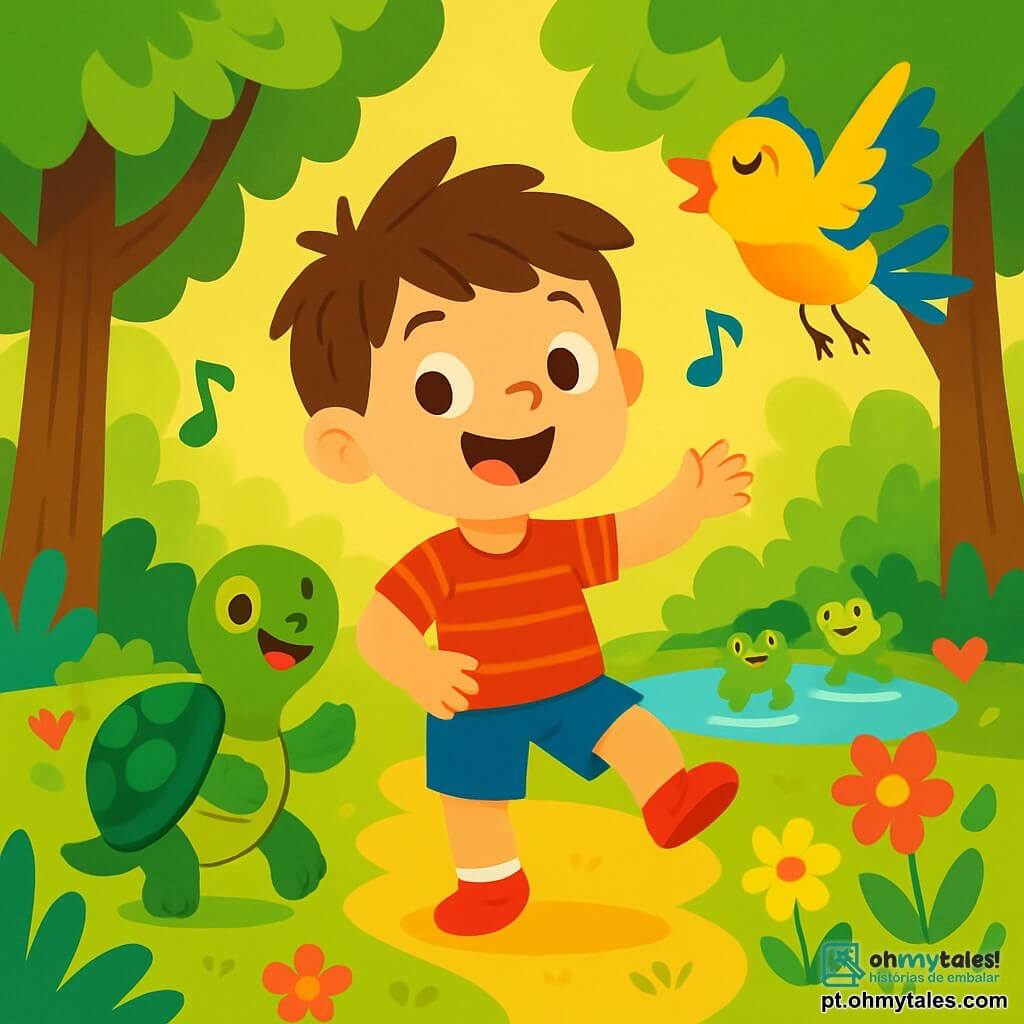 Um menino de 4 anos, com cabelo castanho bagunçado e olhos brilhantes de alegria, dança entusiasticamente no meio de uma floresta encantada. Ele usa uma camiseta vermelha listrada e um short azul, e seu sorriso radiante mostra o quanto está se divertindo. Ao seu lado, uma pequena tartaruga chamada Teca, com uma carapaça verde e olhos travessos, bate as patas em ritmo, enquanto um pássaro colorido chamado Pipoca, com penas amarelas e azuis, voa ao redor cantando alegremente. A cena acontece em uma floresta exuberante, com árvores altas de folhas verdes brilhantes, flores coloridas espalhadas pelo chão e uma suave luz dourada filtrando através dos galhos. Ao fundo, um pequeno lago cintilante é cercado por rãs que pulam alegremente ao ritmo da música. Os três amigos se divertem criando sua própria música, cantando e dançando, cercados pela magia da natureza, rindo juntos em um ambiente alegre e festivo.