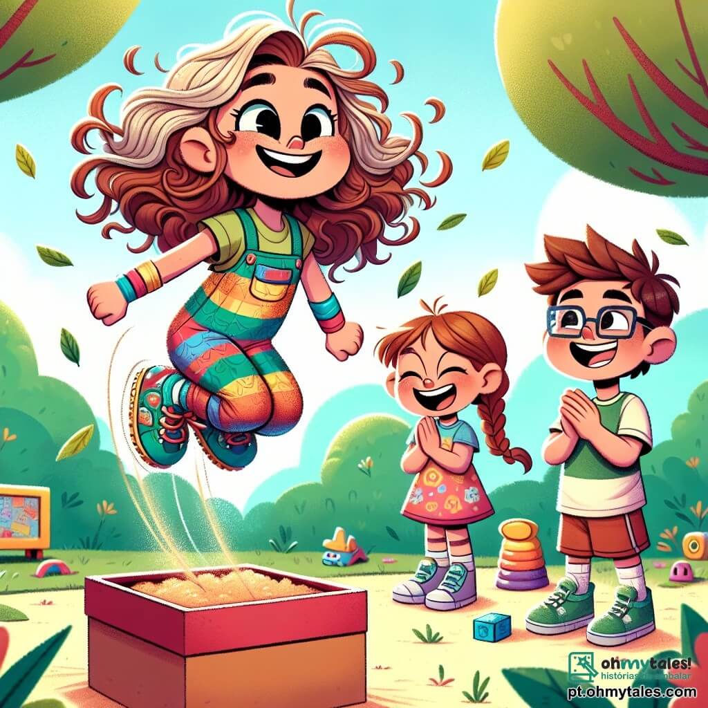 Uma menina de 8 anos, Lúcia, com cabelos cacheados e desgrenhados de cor castanho claro, usa uma combinação colorida e tem um grande sorriso no rosto, cheia de energia e determinação. Ela está em cima de uma caixa de sapatos, pronta para pular, com os braços levantados para o céu, cercada por folhas que voam ao seu redor. Ao lado dela, um garoto chamado João, de 9 anos, com cabelos castanhos e óculos, ri enquanto a encoraja, de braços cruzados, um pouco afastado, com uma expressão admirativa. Clara, outra menina de 8 anos, com cabelos loiros trançados, está sentada na borda da caixa de areia, rindo e aplaudindo Lúcia, com os olhos brilhando de alegria. O cenário é um parque ensolarado, com um céu azul claro e árvores verdes ao fundo. A caixa de areia é cercada por brinquedos coloridos e flores vibrantes, criando uma atmosfera alegre e animada. A situação principal mostra Lúcia pulando da caixa de sapatos, pronta para realizar um salto audacioso, enquanto seus amigos a encorajam entusiasticamente, criando uma atmosfera de desafio e camaradagem.