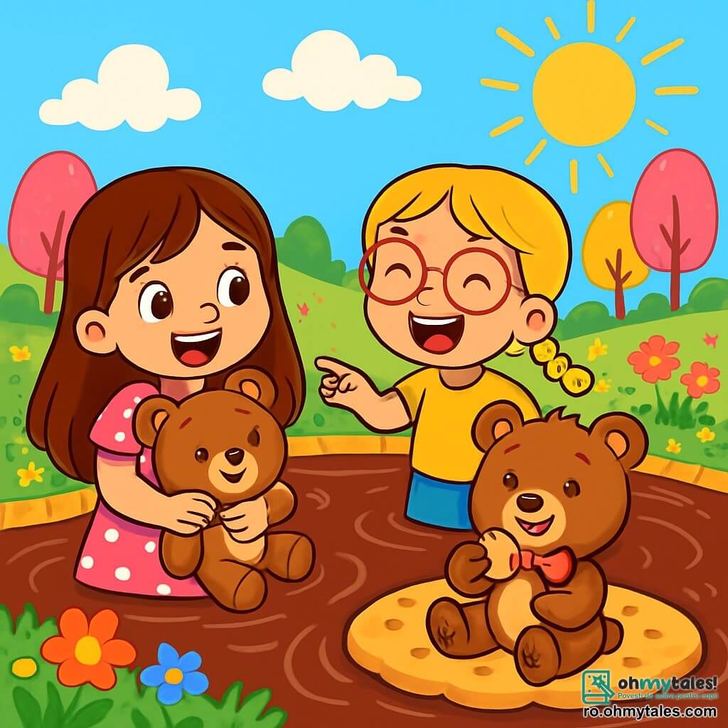 Există 3 personaje: - Ana: o fetiță de 7 ani cu părul lung și castaniu și ochi strălucitori. Poartă o rochie roz cu buline albe și ține în brațe o jucărie de pluș. Se află în stânga, zâmbitoare și plină de energie. - Maria: o fetiță de 6 ani cu părul blond împletit și ochelari rotunzi. Poartă un tricou galben și o pereche de pantaloni scurți din blugi. Este în centru, râzând și arătând spre lacul de ciocolată. - Pufoșel: un ursuleț de pluș maro cu un mic fundiță roșie în jurul gâtului. Este așezat pe o insulă de biscuiți în centrul imaginii, degustând un biscuit cu o expresie veselă. Locul acțiunii principale este un lac de ciocolată splendid, strălucind sub soare. Malurile în formă de biscuiți înconjoară lacul, iar flori colorate cresc în jur, adăugând o notă de magie. În depărtare, se văd copaci din bomboane și nori din bezea. Situația principală a poveștii arată cum Ana și Maria râd și se distrează, pregătindu-se să se alăture lui Pufoșel pe insula de biscuiți, unde împărtășesc momente vesele și dulci, înconjurați de o atmosferă de vis și fericire.