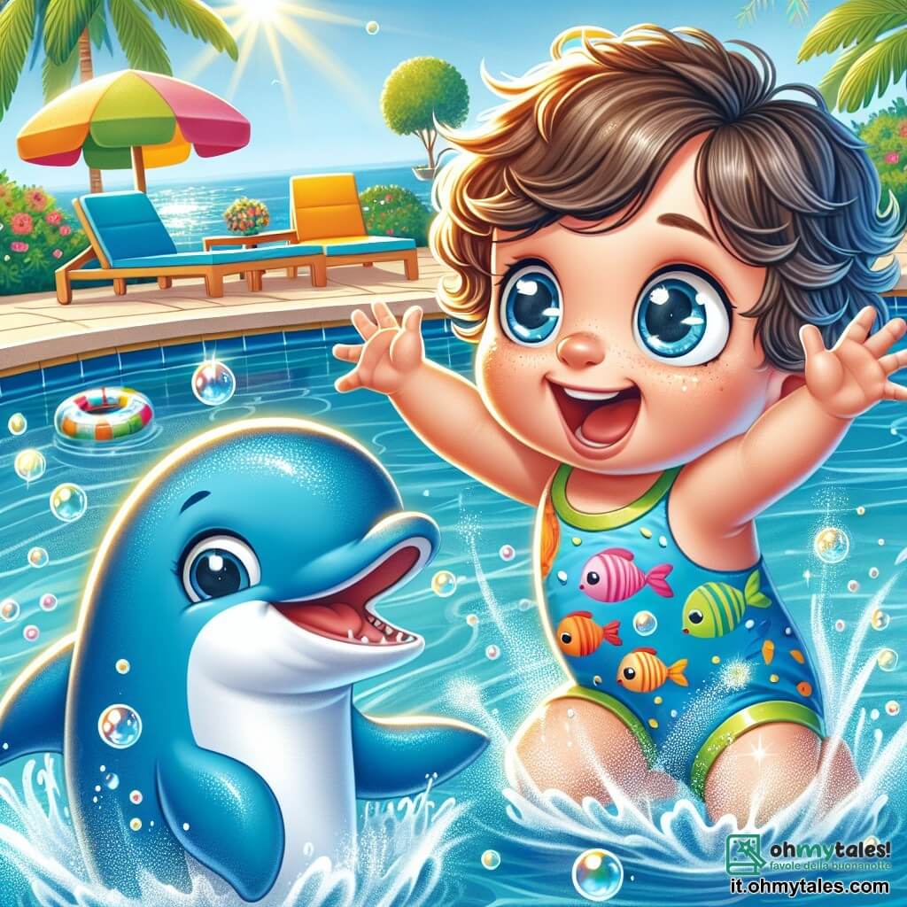 Un bambino di 2 anni, di nome Luca, con capelli ricci castani e grandi occhi scintillanti di gioia, sta giocando in una piscina. Indossa un costume da bagno colorato con motivi di pesci e schizza acqua con le sue manine, mostrando un grande sorriso meravigliato. Accanto a lui, un delfino magico di nome Blu, con pelle blu brillante e occhi birichini, salta nell'acqua, creando spruzzi scintillanti attorno a loro. La scena si svolge in una piscina soleggiata, circondata da palme verdi e lettini colorati, con bolle d'acqua che fluttuano nell'aria. Luca, entusiasta, cerca di seguire Blu nuotando, mentre il delfino lo incoraggia con gesti gioiosi, mostrando quanto sia divertente giocare in acqua.