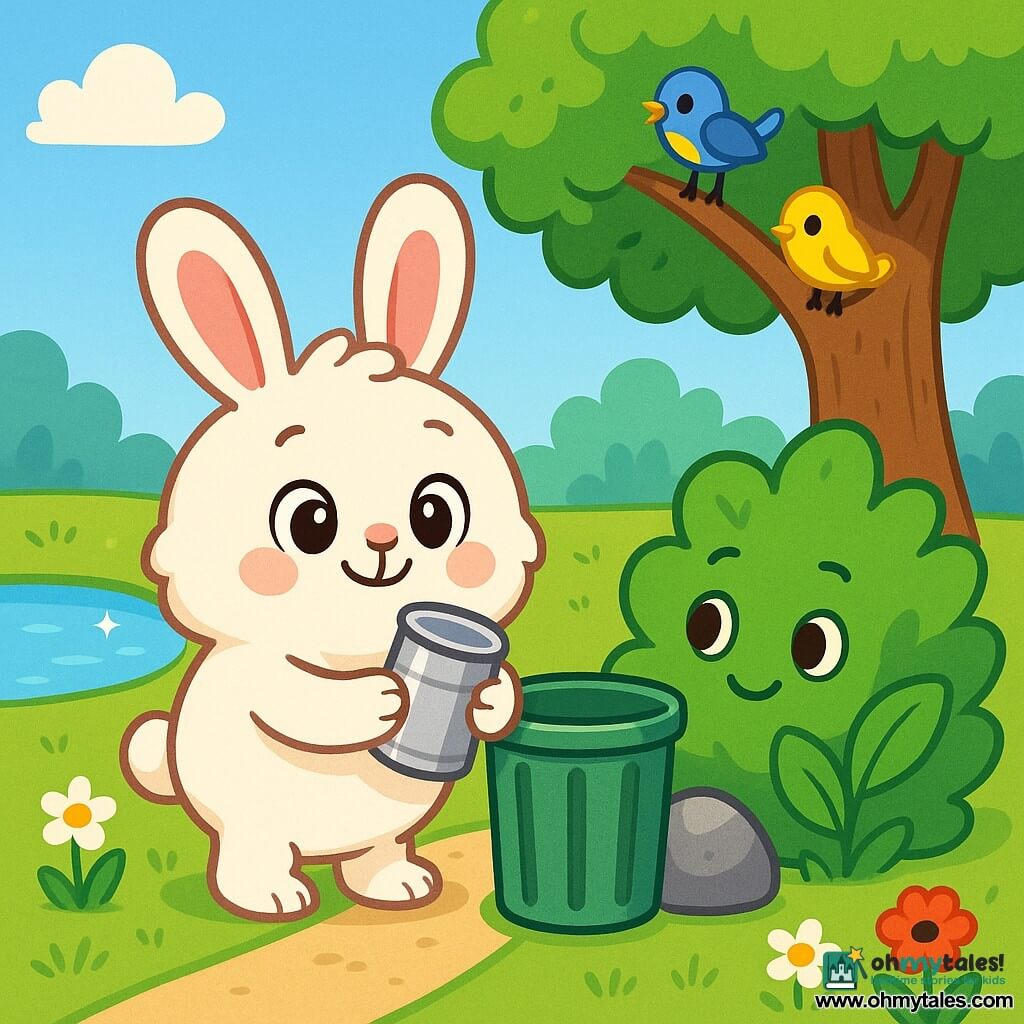 A small fluffy white rabbit with long pink ears and a proud, joyful expression holds a silver can and calmly deposits it into a green metal trash bin by a rock in a sunny meadow; to the right a shy broad‑leafed shrub leans encouragingly, a large brown‑trunked tree with a dense green crown shelters the scene with colorful songbirds perched on a branch, while daisies and poppies dot the grass, a clear dirt path leads to the bin and a small pond to the left reflects the blue sky.