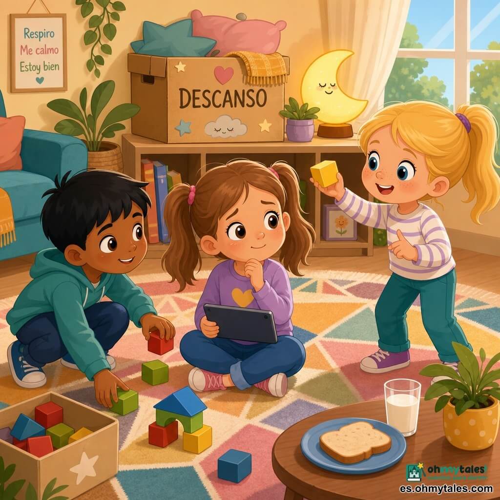 Hay tres niños de seis años: una niña de cabello castaño en dos coletas, ojos grandes y rostro redondo, sentada en el centro sobre la alfombra con una pequeña tableta apagada en las rodillas, mirada aliviada y pensativa; a la izquierda, un niño de cabello negro corto y piel clara, agachado recogiendo bloques rojos y verdes y mirando a la niña para tranquilizarla; a la derecha, una niña rubia en coleta con pecas, de pie y enérgica, mostrando un bloque amarillo llamado semáforo en actitud de ánimo. El salón es cálido y luminoso con una gran ventana, alfombra geométrica, mesa baja con una taza de leche y una tostada, plantas y una lámpara amarilla en forma de luna; en una estantería hay una caja de cartón decorada con la palabra DESCANSO. Situación: momento tranquilo de transición tras la pantalla: cierran la tableta, decoran juntos la caja de descanso y preparan un juego de bloques, ambiente tierno y seguro, colores pastel suaves, foco en los rostros expresivos y las manos hacia los bloques y la caja.