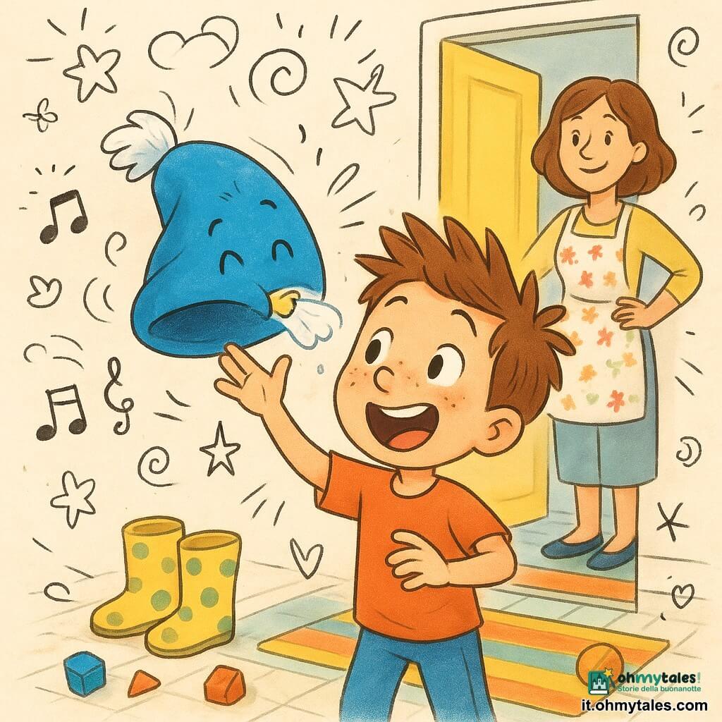 Un ragazzo di 6 anni, capelli castani a punta che fanno “boing”, viso rotondo e lentiggini, sorpreso e ilare, tocca con un dito un cappellino blu con pon pon; il cappellino è animato, ha un piccolo campanellino dorato, occhi gioiosi disegnati e una piuma bianca che spunta, sta starnutendo e spruzza una nuvola di glitter. La madre, circa 30 anni, appare nell’anta della porta della cucina con sorriso dolce e grembiule a fiori, mano sul fianco, osservando la scena. La scena si svolge sullo zerbino d’ingresso di un appartamento colorato con piastrelle a righe, porta gialla aperta, stivali di gomma a pois e giocattoli sparsi. Situazione principale: il cappellino salta sulla testa del ragazzo e la piuma gli solletica il naso; il ragazzo ride a crepapelle e piccole note musicali e doodle di risate (spirali, stelle) fluttuano intorno.