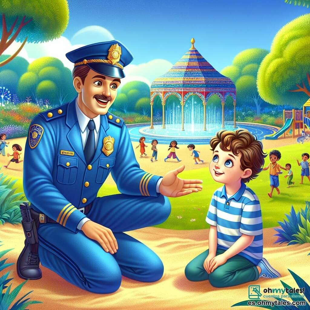 Un policía llamado Juan aparece con una gran sonrisa cálida, vistiendo un uniforme azul brillante que reluce bajo el sol. Tiene músculos bien definidos y cabello castaño peinado hacia atrás, y está agachado en el parque hablando con un niño. El niño, Lucas, de aproximadamente 7 años, tiene el cabello rizado y ojos llenos de curiosidad. Está sentado en la arena, con las manos en las rodillas, escuchando atentamente a Juan con una mirada admirativa. El parque es verde, con árboles majestuosos y un área de juegos colorida al fondo. Niños juegan alegremente y una fuente brilla en el centro, añadiendo un toque de magia a la escena. La situación principal muestra a Juan explicando su trabajo de policía a Lucas, quien parece fascinado por las historias de valentía y ayuda mutua, mientras otros niños juegan alrededor, creando una atmósfera de camaradería y alegría.