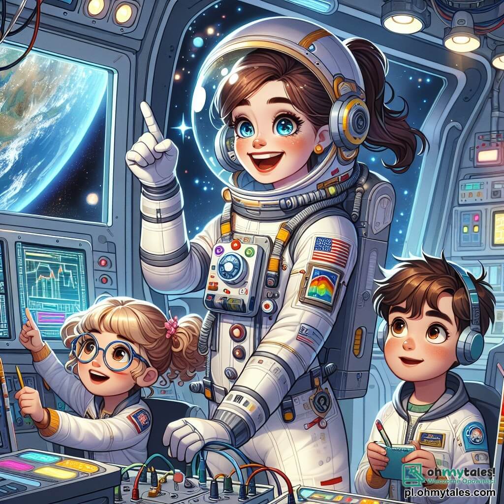 Na środku obrazu znajduje się astronautka Maria Kowalska z szerokim uśmiechem i błyszczącymi oczami. Ma na sobie białe skafander z kolorowymi naszywkami i przezroczysty kask, który odsłania jej brązowe włosy związane w kucyk. Pokazuje ekran kontrolny, wskazując na fascynujące dane. Obok niej stoi mała dziewczynka Kasia, około 8-letnia, z kręconymi blond włosami i okrągłymi okularami, z zachwytem patrząca na ekran. Trzyma w rękach mały notes, gotowa do robienia notatek. Chłopiec Tomek, 9-letni, z brązowymi włosami i żywymi oczami, pochyla się nad tablicą okablowania, skoncentrowany na naprawie. Ma na sobie nieco za duży skafander, co dodaje mu uroku. Tło to stacja kosmiczna "Orzeł" z srebrnymi ścianami i podświetlonymi panelami. Przez okno widać piękną, niebieską Ziemię w kosmosie. Główna scena przedstawia Marię i dzieci w akcji, współpracujących przy rozwiązywaniu problemu technicznego, z determinacją i radością na twarzach, ilustrując ducha zespołowego i przygody eksploracji kosmosu.
