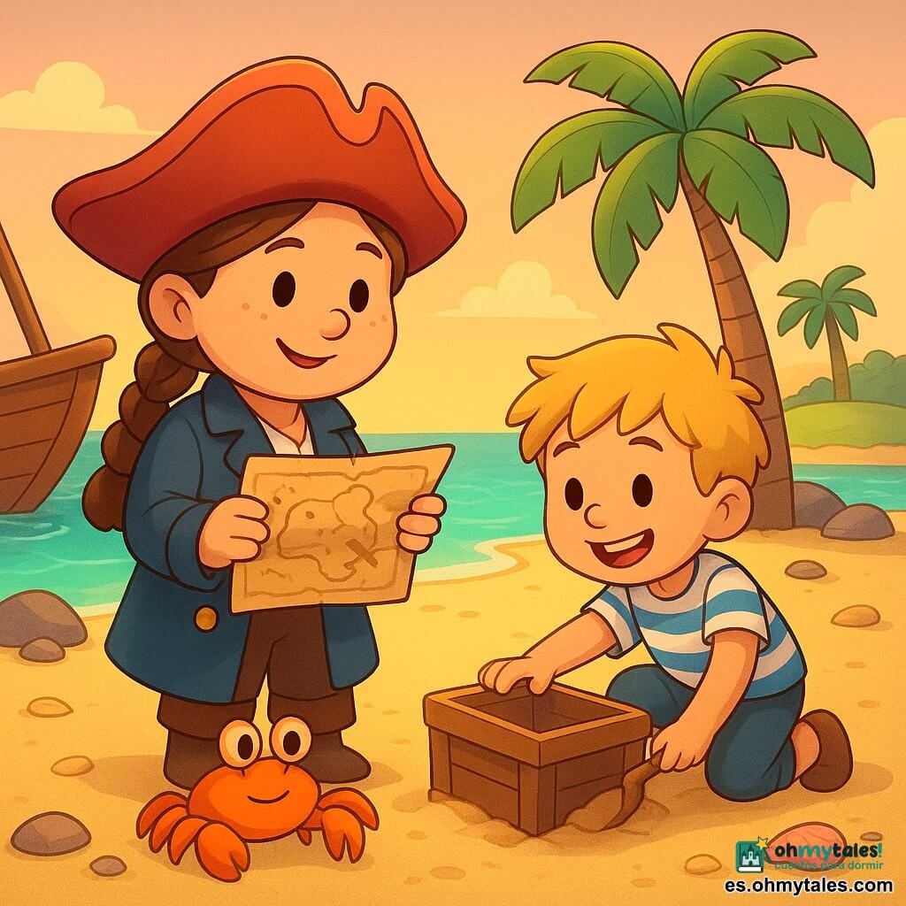 La capitana es una mujer sonriente y segura, rostro redondo con pecas, trenza morena y gran sombrero pirata rojo, abrigo azul con botones dorados; sostiene un mapa en la cubierta y mira hacia una pequeña isla. Un pequeño cangrejo de unos 1 año, naranja brillante con ojos redondos y pícaros, la sigue sobre la arena junto al borde del barco. Un joven marinero de unos 8 años, pelo rubio alborotado y camiseta a rayas blanca y azul, ayuda a cavar la playa junto a una palmera, sonríe y mira una caja de madera. La palmera y la playa: arena dorada fina con conchas dispersas, palmeras de hojas anchas, rocas lisas, mar turquesa brillante y cielo pastel con nubes suaves. Situación: la capitana abre con cuidado una vieja caja de madera en la playa frente al barco, junto a amigos alegres y un cangrejo curioso, con la cálida luz del atardecer.