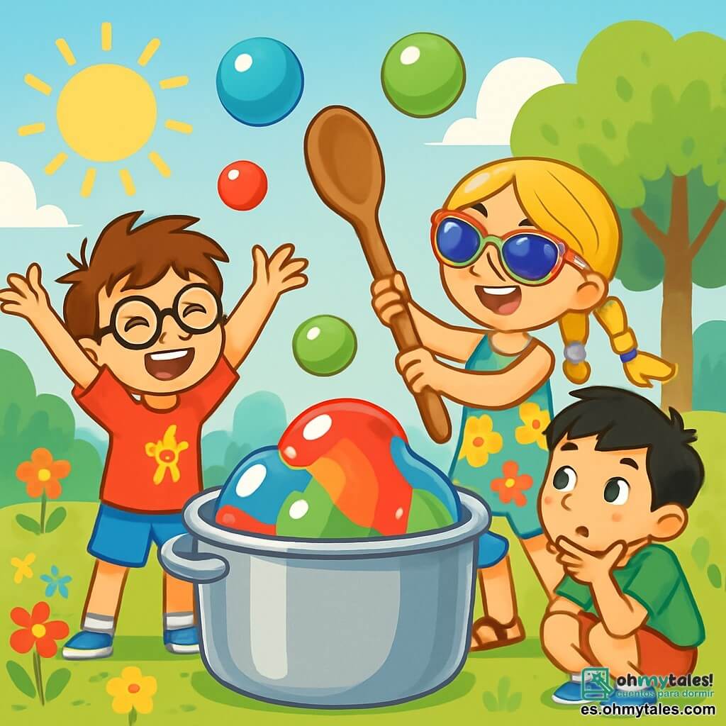 Hay 3 personajes: - Lucas: Un niño de 7 años, con cabello castaño alborotado y gafas redondas. Lleva una camiseta roja con un superhéroe y un short azul. Está de pie, con los brazos levantados y una gran sonrisa, frente a una gran olla. - Valeria: Una niña de 7 años, con cabello rubio largo trenzado y gafas de sol coloridas. Lleva un vestido de flores y sandalias. Está al lado de Lucas, agitando una cuchara gigante con entusiasmo. - Pedro: Un niño de 7 años, con cabello negro y pecas en la cara. Lleva una camiseta verde y pantalones cortos. Está agachado cerca de la olla, observando la gelatina gigante con ojos muy abiertos, con una mano en la barbilla. El lugar es un jardín soleado, lleno de flores coloridas y árboles verdes. En el centro, una enorme olla de metal brilla bajo el sol, desbordando gelatina multicolor que brilla con reflejos rojos, azules, verdes y amarillos. Globos de gelatina flotan alegremente en el aire, creando un ambiente festivo y alegre. La situación principal muestra a los tres amigos en plena acción, rodeados de globos de gelatina que vuelan a su alrededor. Lucas y Valeria ríen mientras lanzan globos, mientras que Pedro, maravillado, mira la gelatina gigante que parece lista para estallar de alegría.