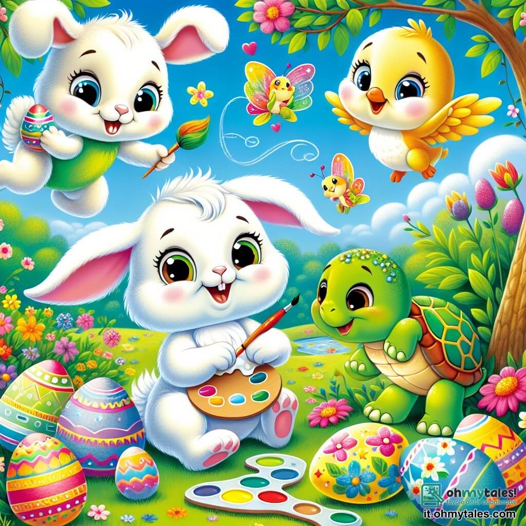Pippino, un coniglietto bianco con grandi orecchie, salta di gioia in un giardino colorato, sorridendo. Tiene una tavolozza di pittura in una zampa, circondato da uova di Pasqua decorate. Tina, una tartaruga con il guscio verde, dipinge un uovo verde vicino a un cespuglio, concentrata e felice. Pippo, un passerotto giallo, vola sopra Pippino con un uovo giallo tra le zampe, eccitato. Bella, una farfalla rosa, danza intorno a loro, sorridente e vivace. Il giardino è un quadro vivente, pieno di fiori colorati e alberi verdi, con il sole che splende. Pippino e i suoi amici si preparano per la caccia alle uova di Pasqua, circondati da risate e colori, pronti per un'avventura indimenticabile.
