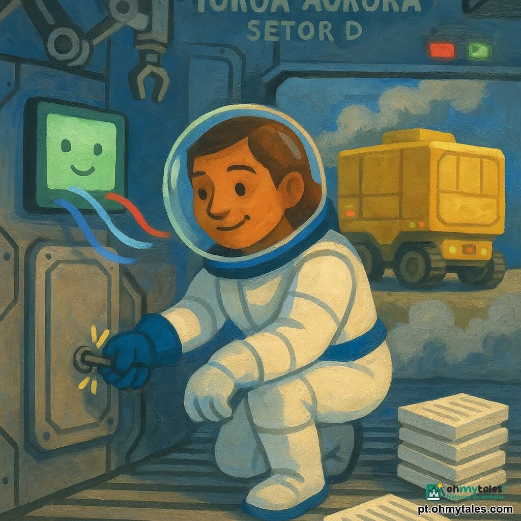 Uma mulher, Leonor, engenheira espacial de cerca de 35 anos, rosto redondo e sorridente, cabelo curto castanho, expressão calma e determinada, agachada com uma combinação espacial branca com detalhes azuis e capacete translúcido, usando uma pinça magnética para retirar uma pequena porca metálica que desbloqueia um portão; uma IA secundária, NIA, aparece num ecrã quadrado lateral da cabine com um rosto simples de dois pontos e um traço sorridente em luz verde suave, projetando linhas de fluxo de ar azuis e vermelhas; ao fundo à direita, um cargueiro amarelo maciço, forma retangular com rodas magnéticas e pequenas luzes piscantes, permanece imóvel; local: Porto Aurora, setor D, oficinas metálicas com braços mecânicos articulados, paredes em painéis prateados e chão de metal estriado, nuvem de pó cinzento a começar a assentar, painéis luminosos a mudar de vermelho para verde; situação: Leonor retira a peça que libera o portão que se fecha com um "clac", filtros brancos empilhados prontos para instalação junto a ela e o ar a começar a circular em trilhas coloridas pelas saídas de ventilação.