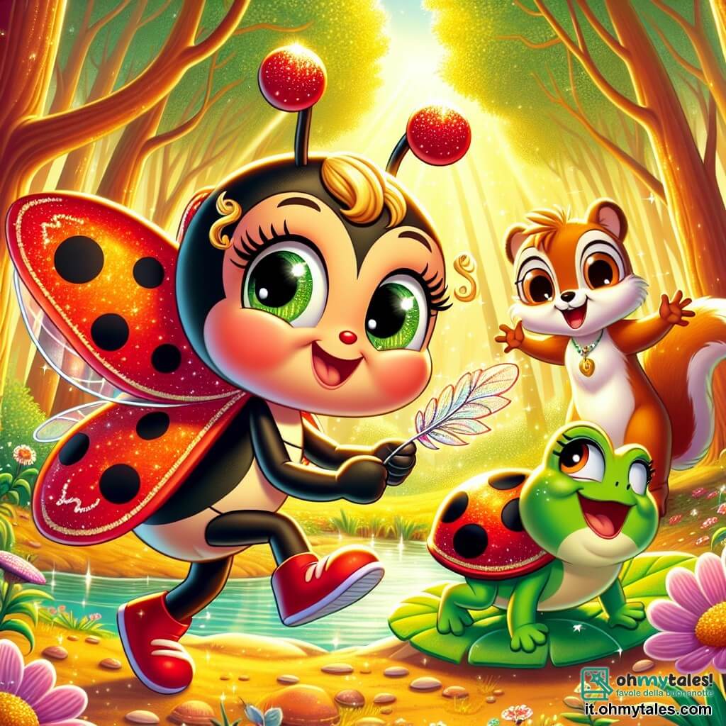 Una piccola coccinella di nome Lulù, con ali rosse brillanti decorate da piccoli punti neri, vola felicemente sopra un radura soleggiata, il suo viso splendente di eccitazione e determinazione. Accanto a lei, un piccolo scoiattolo dagli occhi scintillanti e pelo marrone, chiamato Scoiattolo, scala agilmente un albero, osservando Lulù con un sorriso incoraggiante. Non lontano, una rana verde e sorridente, chiamata Rana, si trova su una foglia di ninfea, cantando allegramente per motivare i suoi amici. Il paesaggio è una radura incantata, immersa in una luce dorata, circondata da alberi maestosi con foglie brillanti, e fiori colorati sparsi sul terreno. Al centro della scena, Lulù si prepara a partire per un'avventura, tenendo una piuma scintillante tra le sue piccole zampe, pronta a portarla al pavone reale, mentre i suoi amici la incoraggiano con entusiasmo.