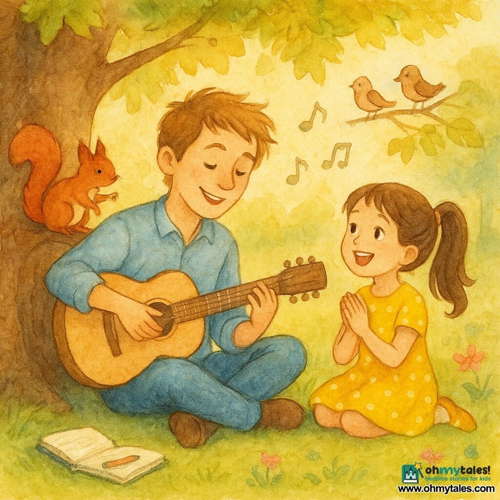 A man named Theo with a sweet, smiling face and messy light brown hair sits against a large maple trunk holding a light-wood guitar, playing a delicate arpeggio with relaxed, focused joy. A girl named Lily, about 7–8, brown hair in a ponytail and wearing a yellow polka-dot dress, sits to Theo’s right on the grass, singing and clapping her hands, enthusiastic. A bright red squirrel on a low branch taps a paw as if keeping rhythm near the left side. The scene is a sunny garden under a large maple with green-and-golden leaves, speckled grass, a few pink and blue wildflowers, a small rock used as a music stand with an open notebook and pencil, soft afternoon light filtering through the leaves. It’s an intimate, joyful mini-concert with stylized music notes in the air, birds seeming to sing, a warm tender atmosphere, warm colors (yellow, green, brown with touches of red), visible paper texture, soft childlike watercolor rendering, close framing to show expressions and the guitar.