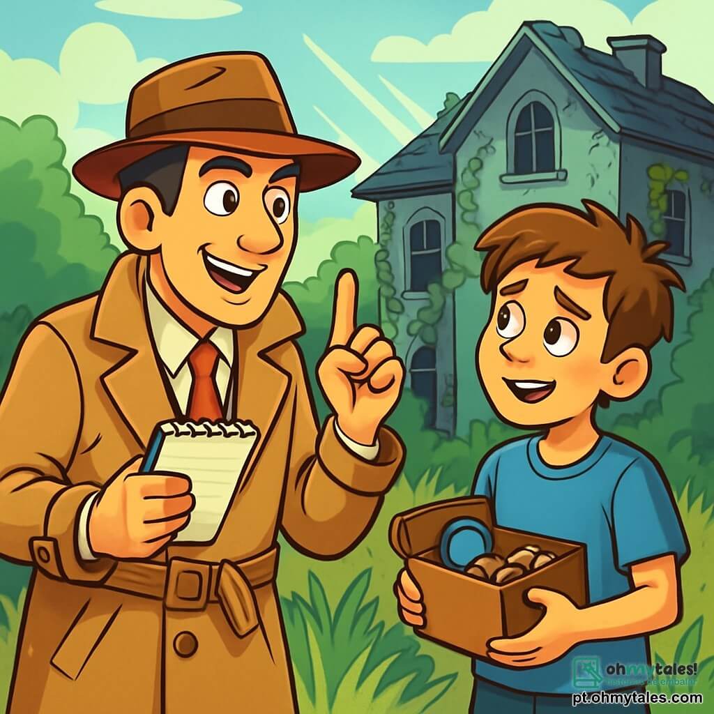Um homem detetive, chamado Pedro, está no centro da imagem, com um ar determinado e curioso. Ele usa um chapéu de feltro marrom, um trench coat bege e segura um caderno de notas em uma mão, enquanto a outra mão está levantada como se estivesse interrogando alguém. Seu rosto é expressivo, com olhos vivos e um leve sorriso, mostrando seu entusiasmo para resolver o mistério. Ao lado dele, um garoto de 12 anos, Lucas, parece preocupado, mas aliviado. Ele tem cabelos castanhos bagunçados e veste uma camiseta azul e um short. Ele olha para Pedro com admiração, segurando uma pequena caixa cheia de objetos encontrados. Ao fundo, vê-se uma velha casa abandonada, com janelas quebradas e paredes cobertas de hera. O jardim está tomado por ervas altas, criando uma atmosfera misteriosa e ligeiramente inquietante. A cena principal mostra Pedro e Lucas em plena discussão, enquanto raios de sol atravessam as nuvens, iluminando a cena. Pedro explica calmamente a Lucas como pode ajudá-lo a resolver o problema dos objetos desaparecidos, enquanto Lucas ouve atentamente, pronto para mudar as coisas.