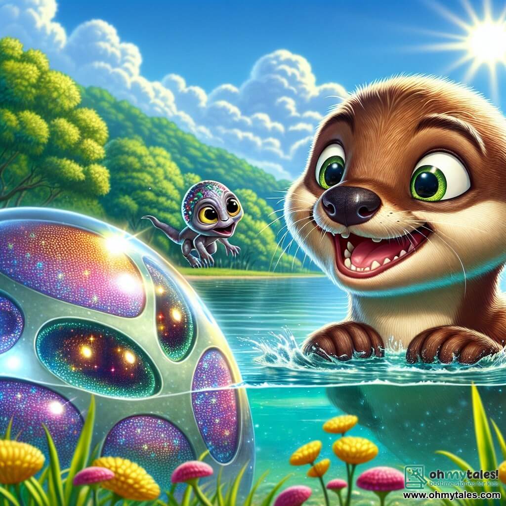 Ollie, a mischievous young otter with shiny brown fur and sparkling curious eyes, joyfully swims in the crystal-clear waters of Lake Waverly, a wide smile lighting up his face. He splashes around while marveling at a shimmering metallic pod that has just opened at the water's surface. Nearby, Zylor, a small alien with multicolored scales that shine like stars, floats in the air, his large expressive eyes filled with surprise and excitement. He reaches out toward the pod, fascinated by what he discovers in this new world. The setting is a peaceful lake surrounded by lush green hills, with colorful flowers lining the shore and a bright blue sky dotted with fluffy white clouds. Sunlight reflects off the water, creating sparkling glimmers. The main scene shows Ollie and Zylor discovering the mysterious alien pod together, symbolizing the beginning of their incredible adventure and budding friendship in a world filled with magic and curiosity.