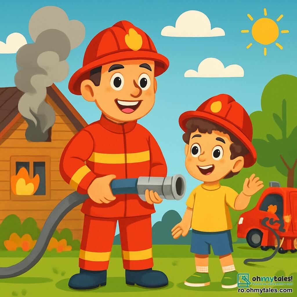 Un pompier pe nume Andrei zâmbește larg, purtând o uniformă roșie, o șapcă strălucitoare și cizme negre. Cu ochii plini de mândrie, ține un furtun de incendiu, pregătit să stingă focul. Lângă el, Radu, un băiat de 7 ani cu părul creț, îl privește cu uimire, purtând o mică șapcă de pompier și salutând. Scena are loc în fața unei case de lemn, cu fum ieșind pe fereastră. Cerul este senin, iar copacii verzi și o mică gardină colorată înfrumusețează imaginea. Andrei conduce operațiunea de salvare, iar Radu, entuziast, observă cu admirație, în timp ce alți pompieri se află în spate, lucrând în jurul camionetei roșii.