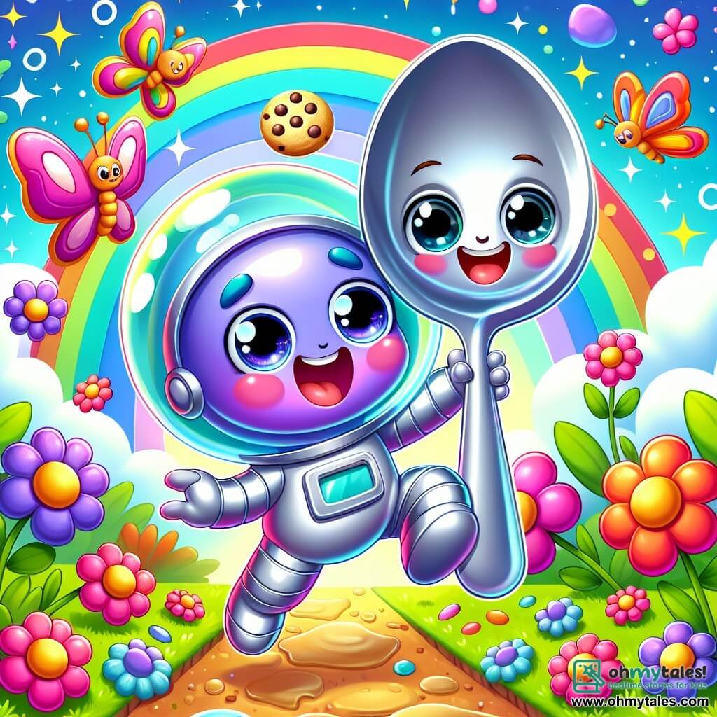 A small alien with shining eyes and sparkling purple skin, dressed in a silver suit, expresses overflowing joy by jumping happily in a colorful garden. Next to it, a small metal spoon with a radiant smile watches in wonder, its silver reflections capturing the sunlight. The garden is filled with bright flowers, fluttering butterflies, and a blue sky dotted with fluffy white clouds. The main scene shows the alien and the spoon preparing cookies, surrounded by colorful ingredients, while a gentle breeze makes the flower petals dance around them.