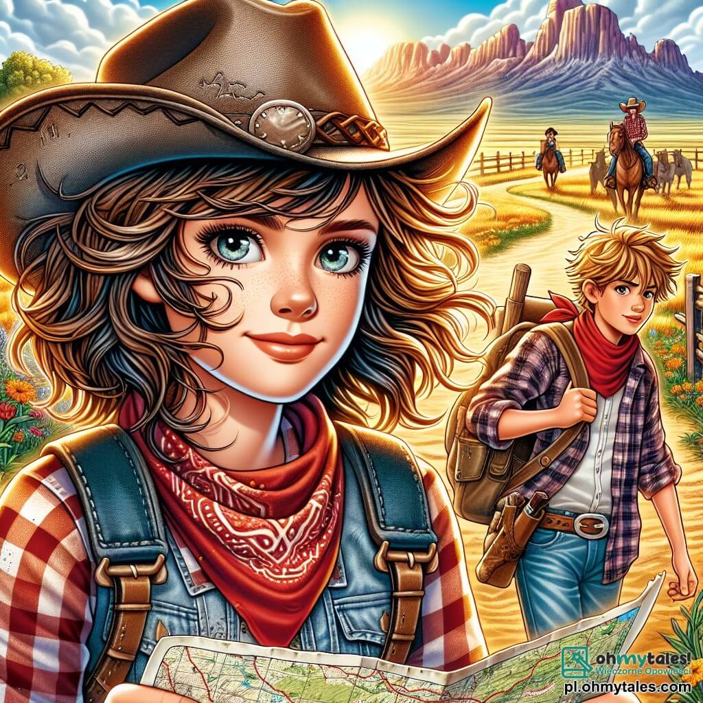 Młoda cowgirl, Emma, znajduje się w centrum obrazu, z brązowymi włosami powiewającymi na wietrze. Ma na sobie zużyty kapelusz kowbojski, czerwoną flanelową koszulę w kratę i dżinsy. Jej twarz wyraża determinację i ekscytację, z błyszczącymi oczami i pewnym uśmiechem. Obok niej jej najlepszy przyjaciel Joe, dziesięcioletni chłopiec, ma rozczochrane blond włosy i czerwony bandana na szyi. Trzyma w rękach mapę, przyglądając się horyzontowi z ciekawością. Tło to rozległa złota preria, usiana kolorowymi dzikimi kwiatami, z majestatycznymi górami w tle, których szczyty muskały białe, puszyste chmury. Niebo jest jasnoniebieskie, a słońce świeci intensywnie, rzucając łagodne cienie na ziemię. Główna sytuacja przedstawia Emmę i Joe stojących na rozdrożu, badających ślady koni na zakurzonej ziemi. Wyglądają na gotowych do wyboru drogi, zdeterminowani, by odnaleźć zaginioną karawanę, otoczeni dzikim pięknem natury.