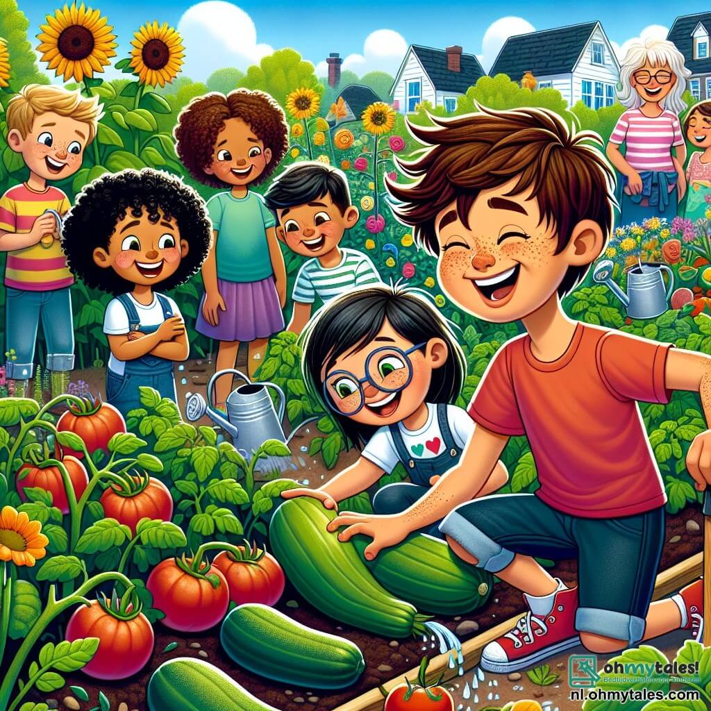 Een 12-jarig jongen, Sander, met rommelig kastanjebruin haar en sproeten op zijn neus, glimlacht vrolijk met zijn handen vol aarde terwijl hij zich bukt om tomatenplanten water te geven in een mooie gemeenschappelijke tuin. Naast hem staat een 11-jarig meisje, Yasmin, met zwart haar in een paardenstaart en een roze t-shirt, die een kleine schep vasthoudt en lacht terwijl ze naar Sander kijkt. Een 12-jarige jongen, Bram, met blond haar en een bril, staat iets verderop en haalt trots en met een glimlach een grote courgette uit de grond. 

De tuin is gevuld met kleurrijke bloemen, goed onderhouden rijen groenten en grote zonnebloemen die zachtjes in de wind wiegen. Op de achtergrond zijn glimlachende buren te zien die zich rond een tafel verzamelen voor een buurtfeest, met papieren slingers en zwevende ballonnen. 

De scène toont Sander en zijn vrienden die samen werken, lachen en plezier hebben terwijl ze voor de planten zorgen, wat de geest van vriendschap en gemeenschap tijdens de zomervakantie illustreert.