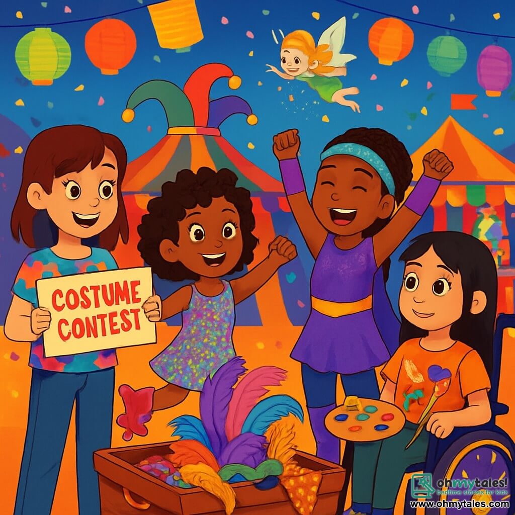 There are 4 children: - Zoey: A 10-year-old girl with brown hair and a purple streak. She wears a colorful patterned t-shirt and jeans, holding a costume contest sign with excited eyes. - Maya: A 9-year-old girl with curly hair and a big smile. She is roller-skating, dressed in a multicolored sequin dress, posing dynamically, ready to take off. - Lila: An 11-year-old girl with straight black hair, sitting in a wheelchair decorated with twinkling lights. She wears a carnival-themed t-shirt and holds a paint palette, ready to create. - Amara: A 10-year-old girl with braided hair and a shiny headband, dressed in a sparkling superhero costume. She stands in the center, arms raised, full of energy. The setting is a large carnival square filled with brightly colored floating lanterns, candy stands with multicolored sweets, and a giant jester hat-shaped tent. Confetti falls from the sky, adding a magical touch to the festive atmosphere. The main scene shows the four friends gathered around a large costume chest overflowing with feathers, sequins, and quirky accessories. They enthusiastically exchange ideas, trying to create the most amazing costume for the contest, while a mischievous fairy watches them with a smile.