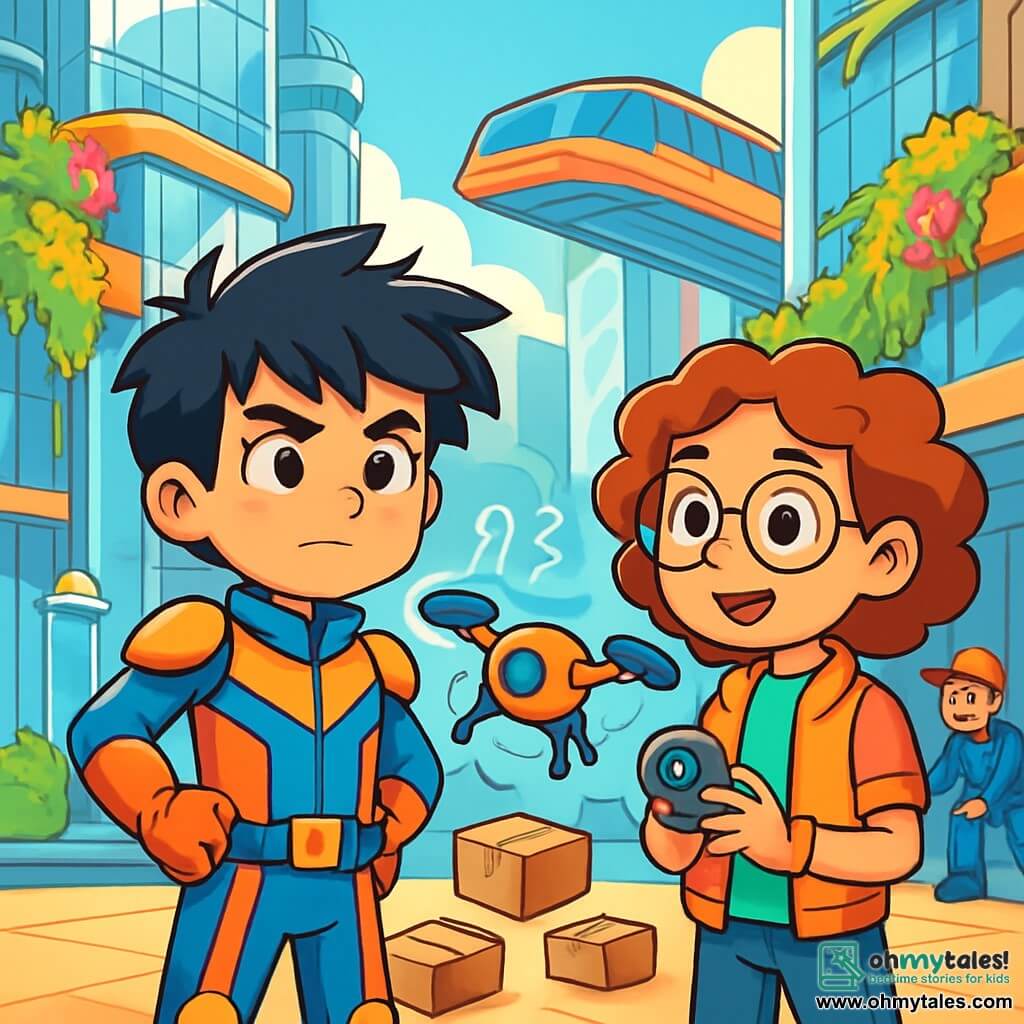 A 10-year-old boy, Leo, with messy black hair and sparkling curious eyes, stands in front of a malfunctioning drone. He wears a bright-colored futuristic suit and looks determined. Next to him is his best friend Maya, a 10-year-old girl with curly hair and round glasses, observing the drone with an intrigued smile, holding a small gadget in her hand. The scene takes place in Solar District, a bustling street in SkySpark City, where shimmering glass buildings rise into the sky, adorned with vibrant hanging gardens. Hover-trams pass overhead, and cleaning robots glide silently on the sidewalks. Leo and Maya stand before the drone, which is spinning around, packages falling around them, while worried engineers try to fix it. The air is filled with a sense of mystery and excitement as Leo prepares to discover what's wrong with the drone.
