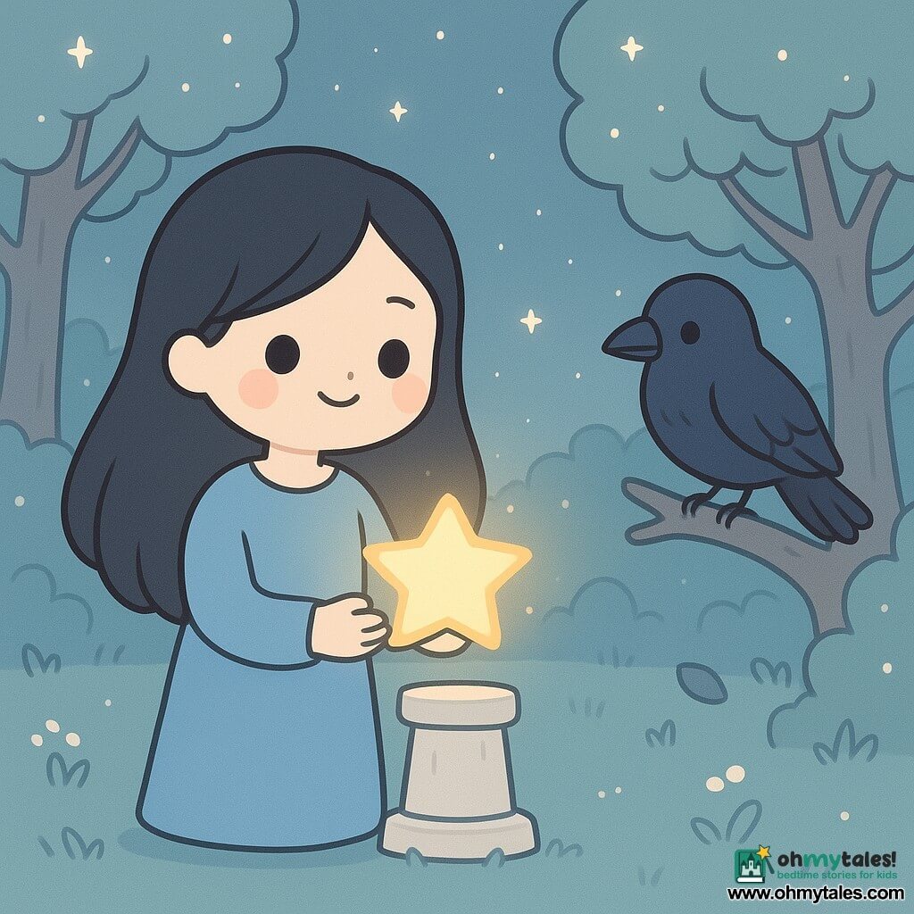 Miralda, a woman with long black hair like the night and eyes shining with kindness, gently holds a luminous star in her hands. She smiles softly, standing in a clearing bathed in silvery light. An old crow, with blue-black feathers and eyes sparkling with wisdom, is perched on a low branch next to her. The clearing is surrounded by majestic trees whose leaves glisten under the starlight. At the center, a star brighter than the others rests on a white stone pedestal, illuminating Miralda's face with a golden glow.